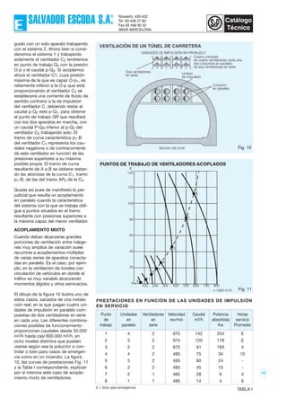 16
guido con un solo aparato trabajando
con el sistema 2. Ahora bien si consi-
deramos el sistema 1 y trabajando
solamente el ventilador C2 tendremos
en punto de trabajo Q2 con la presión
O-p y el caudal p-Q2. Si acoplamos
ahora el ventilador C1, cuya presión
máxima de la que es capaz O-p1, es
netamente inferior a la O-p que está
proporcionando el ventilador C2 se
establecerá una corriente de fluido de
sentido contrario a la de impulsión
del ventilador C, debiendo restar al
caudal p-Q2 este p-Q1, para obtener
el punto de trabajo QR que resultará
con los dos aparatos en marcha, con
un caudal P-QR inferior al p-Q2 del
ventilador C2 trabajando solo. El
tramo de curva característica p1-B
del ventilador C1 representa los cau-
dales negativos o de contracorriente
de este ventilador en función de las
presiones superiores a su máxima
posible propia. El tramo de curva
resultante de A a B se obtiene restan-
do las abscisas de la curva C1, tramo
p1-B, de las del tramo AP0 de la C2.
Queda así pues de manifiesto lo per-
judicial que resulta un acoplamiento
en paralelo cuando la característica
del sistema con la que se trabaje obli-
gue a puntos situados en el tramo
resultante con presiones superiores a
la máxima capaz del menor ventilador.
ACOPLAMIENTO MIXTO
Cuando deban alcanzarse grandes
porciones de ventilación entre márge-
nes muy amplios de variación suele
recurrirse a acoplamientos múltiples
de varias series de aparatos conecta-
das en paralelo. Es el caso, por ejem-
plo, en la ventilación de túneles con
circulación de vehículos en donde el
tráfico es muy variable alcanzando
momentos álgidos y otros semivacíos.
El dibujo de la figura 10 ilustra uno de
estos casos, sacados de una instala-
ción real, en la que juegan cuatro uni-
dades de impulsión en paralelo com-
puestas de dos ventiladores en serie
en cada una. Las diferentes combina-
ciones posibles de funcionamiento
proporcionan caudales desde 50.000
m3/h hasta casi 600.000 m3/h, en
ocho niveles distintos que pueden
usarse según sea la polución a con-
trolar o bien para casos de emergen-
cia como en un incendio. La figura
10, las curvas de prestaciones Fig. 11
y la Tabla I correspondiente, explican
por sí mismos este caso de acopla-
miento mixto de ventiladores.
Fig. 10
Fig. 11
Punto Unidades Ventiladores Velocidad Caudal Potencia Horas
de en en rev/min m3/h absorbida servicio
trabajo paralelo serie Kw Promedio
1 4 2 975 142 254 E
2 3 2 975 120 178 E
3 2 2 975 91 193 4
4 4 2 485 75 34 10
5 3 2 485 60 24 -
6 2 2 485 45 15 -
7 2 1 485 28 6 4
8 1 1 485 14 4 6
TABLA IE = Sólo para emergencia.
PRESTACIONES EN FUNCIÓN DE LAS UNIDADES DE IMPULSIÓN
EN SERVICIO
 