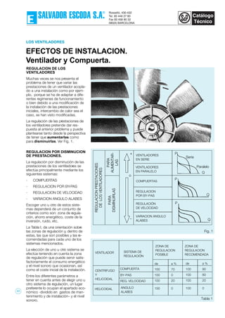 LOS VENTILADORES
EFECTOS DE INSTALACION.
Ventilador y Compuerta.
REGULACION DE LOS
VENTILADORES
Muchas veces se nos presenta el
problema de tener que variar las
prestaciones de un ventilador acopla-
do a una instalación como por ejem-
plo, porque se ha de adaptar a dife-
rentes regímenes de funcionamiento
o bien debido a una modificación de
la instalación de las prestaciones
iniciales, intercambio de calor sea el
caso, se han visto modificadas.
La regulación de las prestaciones de
los ventiladores pretende dar res-
puesta al anterior problema y puede
plantearse tanto desde la perspectiva
de tener que aumentarlas como
para disminuirlas. Ver Fig. 1.
REGULACION POR DISMINUCION
DE PRESTACIONES.
La regulación por disminución de las
prestaciones de los ventiladores se
efectúa principalmente mediante los
siguientes sistemas:
· COMPUERTAS
· REGULACION POR BY-PAS
· REGULACION DE VELOCIDAD
· VARIACION ANGULO ALABES
Escoger uno u otro de estos siste-
mas dependerá de un conjunto de
criterios como son: zona de regula-
ción, ahorro energético, coste de la
inversión, ruido, etc.
La Tabla I, da una orientación sobre
las zonas de regulación y, dentro de
estas, las que son posibles y las re-
comendadas para cada uno de los
sistemas mencionados.
La elección de uno u otro sistema se
efectúa teniendo en cuenta la zona
de regulación que puede servir satis-
factoriamente el consumo energético
y el nivel sonoro que ocasionan, así
como el coste inicial de la instalación.
Entre los diferentes parámetros a
tener en cuenta antes de elegir uno u
otro sistema de regulación, un lugar
preferente lo ocupan el apartado eco-
nómico -dividido en gastos de man-
tenimiento y de instalación– y el nivel
sonoro.
Fig. 1
o
VENTILADORES
EN SERIE
VENTILADORES
EN PARALELO
REGULACION
POR BY-PAS
COMPUERTAS
REGULACIÓN
DE VELOCIDAD
VARIACION ANGULO
ALABES
P
Serie
Paralelo
Q
P
Q
P
Q
VENTILADOR SISTEMA DE
REGULACIÓN
ZONA DE
REGULACION
POSIBLE
CENTRIFUGO
Y
HELICOIDAL
HELICOIDAL
COMPUERTA
BY-PAS
REG. VELOCIDAD
ANGULO
ALABES
de a %
100 70
100 0
100 20
100 0
de a %
100 90
100 80
100 20
100 0
ZONA DE
REGULACION
RECOMENDADA
Tabla 1
17
 