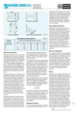 Imprès sobre Paper Ecològic Mate de 135 Grs.
Fig. 16
Difusores rectilíneos
Este tipo de difusor tiene su principal
aplicación de forma mural y para aire
acondicionado. Suelen ser rectangu-
lares desde proporciones próximas al
cuadrado hasta llegar a ser totalmen-
te lineales de varios metros, estre-
chas. Todas disponen de aletas para-
lelas, horizontales o inclinadas, y ma-
yormente fijas. Las hay regulables en
inclinación y también de dos hileras
superpuestas, verticales y horizonta-
les, que permiten regulaciones más
finas.
El alcance del chorro y la dispersión o
divergencia del cono que forman sus
filetes vienen influídos también de for-
ma notable por la rejilla o persiana
con que se haya equipado la boca de
insuflación. Si las láminas de la per-
siana mantienen una posición hori-
zontal, o sea que no afecten la forma
inclinada, el chorro adquiere una di-
vergencia comprendida entre los 18
y 20º, lo cual puede traducirse en una
divergencia en cualquier dirección
alrededor de los 0,30 m por cada
2 m de longitud de alcance de la im-
pulsión.
Utilizando persianas con las láminas
convergentes, en contra de lo que
puede parecer de que debe concen-
trarse el chorro, no acurre así, pues si
bien a corta distancia de la boca de
insuflación se consigue una especie
de contracción de la vena, muy pron-
to la corriente diverge más de lo que
haría sin la existencia de persianas
convergentes, de forma que resulta
como si las láminas no fueran conver-
gentes y hubieran adoptado su posi-
ción horizontal.
Con persianas de láminas divergentes
se produce un ensanche angular muy
marcado en cuanto a dirección y lon-
gitud del chorro. Colocando las lámi-
nas extremas de la reja a unos 45º, se
obtiene un ángulo de dispersión hori-
zontal de 60º aproximadamente. De
esta forma se logra que la impulsión
llegue a reducirse hasta la mitad de
longitud que con láminas. La fig. 16
ilustra las divergencias que provocan
las distintas persianas.
Existe una fórmula que permite medir la
velocidad del aire en un punto determi-
nado a una distancia concreta de la
boca de unsuflación en el caso de lámi-
nas horizontales, o en ausencia de las
mismas, que es la siguiente:
en donde v es igual a la velocidad del
chorro en m/s en un punto dado, x es
la distancia a la boca en metros, v1
es
la velocidad de salida del aire de la
boca de insuflación, S1
, es la superfi-
cie libre de la boca de insuflación, C
es una constante que puede sacarse
de la Tabla 1.
Difusores de suelo
Este tipo de descarga debe colocarse
en la periferia de los locales, junto a
las paredes en lugares en los que los
ocupantes no se coloquen encima de
éllas y no se vean obstaculizadas por
muebles o enseres. Suelen estar em-
potradas en el piso y llevan aletas
regulables que permitan orientar el
chorro o hacerlo diverger rápidamen-
te y también compuertas de regula-
ción de caudal.
Otros tipos de difusores
Aparte de los descritos que son los
principales, existen difusores de in-
ducción, que favorecen la mezcla del
aire impulsado con el del ambiente,
difusores de techo orientables que
aparte de permitir escoger la orienta-
ción de la descarga pueden llegar a
cerrar el paso del aire, de rejilla plana
constituídos por una simple malla,
sistema muy rudimentario, que no
permite ningún tipo de regulación
ni de orientación y difusores de zóca-
lo que revisten la forma de una
rendija de descarga a lo largo de las
paredes.
Bocas de aspiración
Constituyen el retorno o descarga del
aire ambiente hacia el exterior. Suelen
ser de aletas fijas, inclinadas para evi-
tar la visión hacia el interior o bien
simples mallas o enrejados. Por efec-
tos estéticos a veces se usan los mis-
mos difusores de impulsión, sobreto-
do los rectangulares o lineales, insta-
lando en general una boca de aspira-
ción por cada dos de impulsión,
calculando convenientemente la
sección.
Ruido
Resulta muy complejo calcular de an-
temano las condiciones de ruido de
una boca de insuflación atendiendo el
caudal de aire proporcionado, a las
características absorbentes propias
del local e incluso contando con da-
tos del fabricante de las bocas de in-
suflación. Estos cálculos resultan de-
masiado complicados para recomen-
darlos de forma general. Si no se tra-
ta de casos muy particulares, cuando
sea imprescindible hacerlos, el méto-
do más simple para resolver el pro-
blema del ruido consiste en elegir ve-
locidades de aire de insuflación que
sean lo suficiente bajas para que pro-
voquen el menor ruido posible. En la
Hoja Técnica "Movimiento del aire",
se relacionan una serie de velocida-
des con indicación del destino de los
locales habitados. La velocidad supe-
rior, cuando se indican dos límites, no
debe superarse so pena de ver apa-
recer niveles de ruido molestos.
Tabla 1
Láminas divergentes
Láminas paralelas
Láminas paralelas orientadas
Láminas convergentes
18 a 20°
45°
60°
VALORES DE COEFICIENTE C
Velocidad Valor de C por velocidad de salida v1
igual a:
de chorro
en el punto x 5 m/s 10 m/s 15 m/s 20 m/s 25 m/s
2,5 m/s o más – 6 6,2 6,4 6,8
2 – 5,6 5,9 6,2 6,5
1,5 5 5,2 5,4 5,7 6,0
1 4,6 4,8 5,0 5,2 5,4
0,5 3,7 3,7 3,8 3,9 4,0
C v1
S1
x
v =
√
44
 