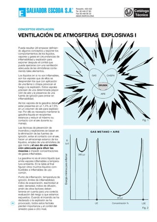 CONCEPTOS VENTILACION
VENTILACIÓN DE ATMOSFERAS EXPLOSIVAS I
Puede resultar útil empezar definien-
do algunos conceptos y exponer los
comportamientos de los líquidos,
vapores y gases en circunstancias de
inflamabilidad y explosión para
exponer después el control que
puede ejercerse con una ventilación
adecuada de las atmósferas conte-
niendo tales elementos.
Los líquidos en si no son inflamables,
son los vapores que de ellos se
desprenden los que con aplicación
de una llama o chispa provocan el
fuego o la explosión. Estos vapores
precisan de una determinada propor-
ción de aire y la presencia de una
fuente de ignición para entrar en
inflamabilidad.
Así los vapores de la gasolina deben
estar presentes en un 1,4% al 7,6%
en un volumen de aire para explosio-
nar. Por ello es necesario mantener la
gasolina líquida en recipientes
estancos y reducir al máximo su
contacto con el aire durante su
manejo.
Las técnicas de prevención de
incendios y explosiones se basan en
la eliminación de las fuentes de
ignición, evitar el contacto con el aire,
hacer un almacenaje estanco de los
líquidos, empleo de una atmósfera de
gas inerte y el uso de una ventila-
ción adecuada para diluir las
mezclas e impedir concentraciones
de gases inflamables.
La gasolina no es el único líquido que
emite vapores inflamables a tempera-
tura ambiente. En la tabla al final
figuran otros muchos líquidos com-
bustibles e inflamables de uso
común.
Punto de inflamación, temperatura de
ignición, límites de inflamabilidad,
índice de evaporación, reactividad al
calor, densidad, índice de difusión,
amén de otros factores deben
tenerse en cuenta para una correcta
evaluación del riesgo a que estamos
expuestos. Cuando el incendio se ha
declarado o la explosión se ha
provocado, todos estos factores
pierden importancia y el control del
siniestro pasa a otro nivel.
Fig. 1
LIE
Fig. 2
LSE
20 µJ
280 µJ
GAS METANO + AIRE
Ei
(µJ)
Concentración %
AIRE
GAS CHISPA
EXPLOSION
45
 