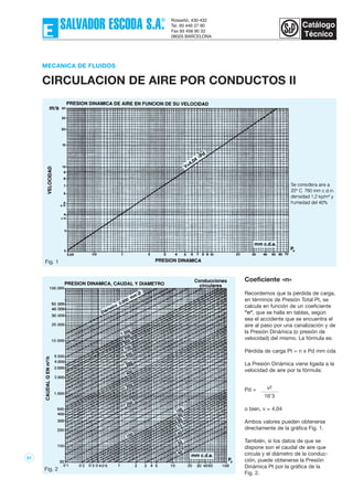 Coeficiente «n»
Recordemos que la pérdida de carga,
en términos de Presión Total Pt, se
calcula en función de un coeficiente
"n", que se halla en tablas, según
sea el accidente que se encuentra el
aire al paso por una canalización y de
la Presión Dinámica (o presión de
velocidad) del mismo. La fórmula es:
Pérdida de carga Pt = n x Pd mm cda
La Presión Dinámica viene ligada a la
velocidad de aire por la fórmula:
Pd = v2
16’3
o bien, v = 4‚04
Ambos valores pueden obtenerse
directamente de la gráfica Fig. 1.
También, si los datos de que se
dispone son el caudal de aire que
circula y el diámetro de la conduc-
ción, puede obtenerse la Presión
Dinámica Pt por la gráfica de la
Fig. 2.
57
MECANICA DE FLUIDOS
CIRCULACION DE AIRE POR CONDUCTOS II
Fig. 1
Fig. 2
 