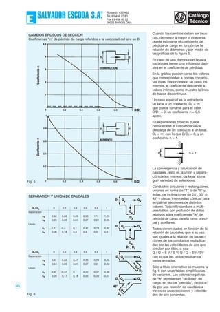 63
Cuando los cambios deben ser brus-
cos, de menor a mayor o viceversa,
puede estimarse el coeficiente de
pérdida de carga en función de la
relación de diámetros y por medio de
las gráficas de la figura 5.
En caso de una disminución brusca
los bordes tienen una influencia deci-
siva en el coeficiente de pérdidas.
En la gráfica pueden verse los valores
que corresponden a bordes con aris-
tas vivas. Redondeando un poco los
mismos, el coeficiente desciende a
valoes ínfimos, como muestra la línea
de trazos discontinuos.
Un caso especial es la entrada de
un local a un conducto, D1 = ∞ ,
que puede tomarse para el valor
D/D1 = 0, un coeficiente n = 0,5
aprox.
En expansiones bruscas puede
considerarse el caso especial de
descarga de un conducto a un local,
D1 = ∞, con lo que D/D1 = 0, y un
coeficiente n = 1.
La convergencia y bifurcación de
caudales , esto es la unión y separa-
ción de los mismos, da lugar a una
gran variedad de soluciones.
Conductos circulares y rectangulares,
uniones en forma de "T" ó de "Y" y,
éstas, de inclinaciones de 20°, 30° ó
45° y piezas intermedias cónicas para
empalmar secciones de distintos
valores. Todo ello conduce a múlti-
ples tablas con profusión de datos
relativos a los coeficientes "n" de
pérdida de carga para la rama princi-
pal y auxiliares.
Todos vienen dados en función de la
relación de caudales, que a su vez
son iguales a la relación de las sec-
ciones de los conductos multiplica-
das por las velocidades de aire que
circulan por éllos, o sea:
Q / Q = S V / S V; Q / Q = SV / SV
con lo que las tablas resultan de
varias entradas.
Sólo a título orientativo se muestra la
fig. 6 con unas tablas simplificadas
de variantes. Los valores negativos
de "n" representan "facilidad" de
carga, en vez de "perdida", provoca-
da por una relación de caudales a
través de unas secciones y velocida-
des de aire concretas.
Fig. 5
CAMBIOS BRUSCOS DE SECCION
Coeficientes “n” de pérdida de carga referidos a la velocidad del aire en D
Fig. 6
SEPARACION Y UNION DE CAUDALES
Qa/Qg 0 0,2 0,4 0,6 0,8 1
Separación
na 0,96 0,88 0,89 0,96 1,1 1,29
nd 0,05 -0,08 -0,04 0,07 0,21 0,35
Unión
na -1,2 -0,4 0,1 0,47 0,73 0,92
nd 0,06 0,18 0,3 0,4 0,5 0,6
Qa/Qg 0 0,2 0,4 0,6 0,8 1
Separación
na 0,9 0,66 0,47 0,33 0,29 0,35
nd 0,04 -0,06 -0,04 0,07 0,2 0,33
Unión
na -0,9 -0,37 0 0,22 0,37 0,38
nd 0,05 0,17 0,18 0,05 -0,20 -0,57
 