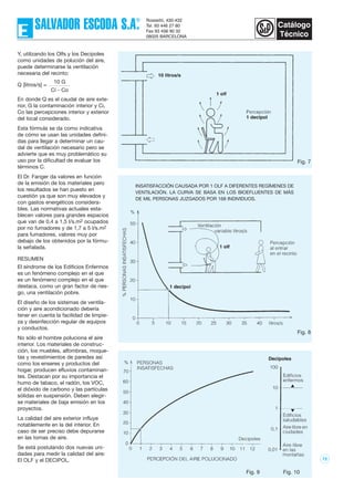 72
Y, utilizando los Olfs y los Decipoles
como unidades de polución del aire,
puede determinarse la ventilación
necesaria del recinto:
Q [litros/s] =
10 G
Ci - Co
En donde Q es el caudal de aire exte-
rior, G la contaminación interior y Ci,
Co las percepciones interior y exterior
del local considerado.
Esta fórmula se da como indicativa
de cómo se usan las unidades defini-
das para llegar a determinar un cau-
dal de ventilación necesario pero se
advierte que es muy problemático su
uso por la dificultad de evaluar los
términos C.
El Dr. Fanger da valores en función
de la emisión de los materiales pero
los resultados se han puesto en
cuestión ya que son muy elevados y
con gastos energéticos considera-
bles. Las normativas actuales esta-
blecen valores para grandes espacios
que van de 0,4 a 1,5 l/s.m2 ocupados
por no fumadores y de 1,7 a 5 l/s.m2
para fumadores, valores muy por
debajo de los obtenidos por la fórmu-
la señalada.
RESUMEN
El síndrome de los Edificios Enfermos
es un fenómeno complejo en el que
es un fenómeno complejo en el que
destaca, como un gran factor de ries-
go, una ventilación pobre.
El diseño de los sistemas de ventila-
ción y aire acondicionado debería
tener en cuenta la facilidad de limpie-
za y desinfección regular de equipos
y conductos.
No sólo el hombre poluciona el aire
interior. Los materiales de construc-
ción, los muebles, alfombras, moque-
tas y revestimientos de paredes así
como los enseres y productos del
hogar, producen efluvios contaminan-
tes. Destacan por su importancia el
humo de tabaco, el radón, los VOC,
el dióxido de carbono y las partículas
sólidas en suspensión. Deben elegir-
se materiales de baja emisión en los
proyectos.
La calidad del aire exterior influye
notablemente en la del interior. En
caso de ser preciso debe depurarse
en las tomas de aire.
Se está postulando dos nuevas uni-
dades para medir la calidad del aire:
El OLF y el DECIPOL.
Fig. 7
Fig. 8
Fig. 9 Fig. 10
INSATISFACCIÓN CAUSADA POR 1 OLF A DIFERENTES REGÍMENES DE
VENTILACIÓN. LA CURVA SE BASA EN LOS BIOEFLUENTES DE MÁS
DE MIL PERSONAS JUZGADOS POR 168 INDIVIDUOS.
 