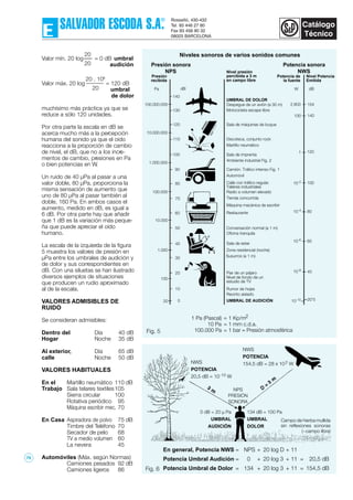 En general, Potencia NWS = NPS + 20 log D + 11
Potencia Umbral Audición = 0 + 20 log 3 + 11 = 20,5 dB
Potencia Umbral de Dolor = 134 + 20 log 3 + 11 = 154,5 dB
NWS
POTENCIA
20,5 dB = 10-10 W
NWS
POTENCIA
154,5 dB = 28 x 102 W
0 dB = 20 µ Pa
UMBRAL
AUDICIÓN
134 dB = 100 Pa
UMBRAL
DOLOR
Campo de hierba mullida
sin reflexiones sonoras
(~campo libre)
1 Pa (Pascal) = 1 Kp/m2
10 Pa = 1 mm c.d.a.
100.000 Pa = 1 bar ≈ Presión atmosférica
Niveles sonoros de varios sonidos comunes
100.000
100.000.000
10.000.000
1.000.000
140
130
120
110
100
90
80
70
10.000
1.000
20
60
50
40
30
20
10
100
0
Despegue de un avión (a 30 m)
Motocicleta escape libre
Sala de máquinas de buque
Discoteca, conjunto rock
Martillo neumático
Sala de imprenta
Camión. Tráfico intenso Fig. 1
Automóvil
Calle con tráfico regular.
Talleres industriales
Radio a volumen elevado
Tienda concurrida
Restaurante
Máquina macánica de escribir
Conversación normal (a 1 m)
Oficina tranquila
Sala de estar
Zona residencial (noche)
Susurros (a 1 m)
Piar de un pájaro
Nivel de fondo de un
estudio de TV
Rumor de hojas
Recinto aislado
UMBRAL DE AUDICIÓN
dB
UMBRAL DE DOLOR
Pa
Presión
recibida
Nivel presión
percibida a 3 m
en campo libre
Presión sonora
NPS
Potencia sonora
NWS
Potencia de
la fuente
Nivel Potencia
Emitida
2.800
W dB
100
1
10-2
154
140
120
100
10-4
10-6
10-8
10-10
80
60
40
20'5
Valor mín. 20 log = 0 dB umbral
audición
Valor máx. 20 log = 120 dB
umbral
de dolor
muchísimo más práctica ya que se
reduce a sólo 120 unidades.
Por otra parte la escala en dB se
acerca mucho más a la percepción
humana del sonido ya que el oído
reacciona a la proporción de cambio
de nivel, el dB, que no a los incre-
mentos de cambio, presiones en Pa
o bien potencias en W.
Un ruido de 40 µPa al pasar a una
valor doble, 80 µPa, proporciona la
misma sensación de aumento que
uno de 80 µPa al pasar también al
doble, 160 Pa. En ambos casos el
aumento, medido en dB, es igual a
6 dB. Por otra parte hay que añadir
que 1 dB es la variación más peque-
ña que puede apreciar el oído
humano.
La escala de la izquierda de la figura
5 muestra los valores de presión en
µPa entre los umbrales de audición y
de dolor y sus correspondientes en
dB. Con una siluetas se han ilustrado
diversos ejemplos de situaciones
que producen un rudio aproximado
al de la escala.
VALORES ADMISIBLES DE
RUIDO
Se consideran admisibles:
Dentro del Día 40 dB
Hogar Noche 35 dB
Al exterior, Día 65 dB
calle Noche 50 dB
VALORES HABITUALES
En el Martillo neumático 110 dB
Trabajo Sala telares textiles105
Sierra circular 100
Rotativa periódico 95
Máquina escribir mec. 70
En Casa Aspiradora de polvo 75 dB
Timbre del Teléfono 70
Secador de pelo 68
TV a medio volumen 60
La nevera 45
Automóviles (Máx. según Normas)
Camiones pesados 92 dB
Camiones ligeros 86
20
20
20 . 106
20
Ambiente industrial Fig. 2
Fig. 5
Fig. 6
NPS
PRESIÓN
SONORA
79
 