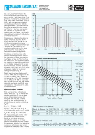 Tabla de correcciones a sumar:
La A se utilizaría en el caso de
sonidos de poca intensidad, la B
para medios y la C para altos. En la
práctica, no obstante, sólo se utiliza
la A, para todos los niveles, ya que
la B y la C no han proporcionado
resultados satisfactorios debido,
principalmente, a que los sonidos
con que se obtuvieron las curvas
de Fletcher y Munson eran puros y
los sonidos en la práctica son
mucho más complejos. La curva D
sirve sólo para medir el ruido de los
aviones a reacción.
Si se desean más detalles de una
señal compleja, la gama de fre-
cuencias de 20 Hz a 20 K Hz, se
divide en octavas o tercios de
octava. Este proceso se conoce por
"Análisis de Frecuencia" y los
resultados se presentan en unos
gráficos como el de la Fig. 3,
denominados espectrogramas.
Conocida ya la diferencia entre
presión sonora y potencia sonora,
así como las fórmulas de relación
que liga a ambas en "Campo libre"
sin reflexiones por la proximidad de
las paredes, y por otra parte el que
un ventilador produce ruido en su
funcionamiento, veamos aproxima-
damente qué potencia sonora emite
el aparato mediante el uso del
nomograma de la Fig. 4.
Supongamos un ventilador axial
que da 4000 m3
/h a una presión de
500 Pa (50 mm c.d.a.). Según el
nomograma, a 125 Hz le correspon-
de un SWL de 90 dB. Su espectro
será el que figura al pie, que se ha
obtenido sumando los 90 dB a las
correcciones indicadas en la tabla
correspondiente.
Influencia de las paredes
Si la fuente sonora está situada
cerca del suelo, Fig. 5, el nivel de
presión sonora en un punto A es
suma del sonido directo y del
reflejado por el suelo. En este
caso, en que la propagación es
semiesférica, la relación entre Lp
y
Lw
es:
Lp
= Lw
– 20 log r – 8 dB
Así, si Lw
= 80 dB y r = 10 m, el
nivel de presión sonora en A valdrá:
Lp
= 80 - 20 log 10 - 8 = 52 dB
En el caso en que la fuente esté
encerrada en una habitación,
Fig. 6, el problema no es tan
sencillo. En efecto, el nivel de
presión sonora en un punto será la
composición del directo y del de las
sucesivas reflexiones que tienen
lugar en las paredes, suelo y techo.
Hz 63 125 250 500 1000 2000 4000 8000
SWL (dB) 91 90 91 90 89 86 81 75
Espectro del ventilador axial
Banda de Octavas Hz 63 125 250 500 1000 2000 4000 8000
Axial dB +1 0 +1 0 –1 –4 –9 -15
Centrífugo dB +2 0 –3 –4 –11 –16 –21 –26
Fig. 4
Fig. 3
m3
/h
Caudal
170,000
86,000
43,000
1,700
34,000
17,000
8,600
2.500
100
110
90
80
75
100
110
90
80
75
750 500 250 125
Presión estática en Pascal
nivel Potencia
sonora SWL
(a 125 Hz)
Axial Cent.
70
65
60
55
50
45
40
35
250 500 1 k 2 k 4 k 8 k 16 k
Espectrograma en octavas
Frecuencia Hz
Potencia sonora de un ventilador
dB
NPS
dB (A)
82
 