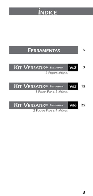33
Índice
25Ve6Kit Versatik® Engenharia
2 Folhas Fixas e 4 Móveis
15Ve3Kit Versatik® Engenharia
1 Folha Fixa e 2 Móveis
7Ve2Kit Versatik® Engenharia
2 Folhas Móveis
5Ferramentas
 
