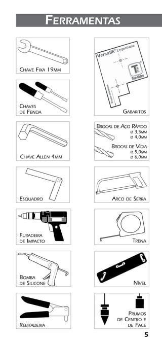 5
Chaves
de Fenda
Arco de Serra
Chave Fixa 19mm
Esquadro
Trena
Furadeira
de Impacto
Nível
Bomba
de Silicone
Rebitadeira
Prumos
de Centro e
de Face
Ferramentas
Gabaritos
Chave Allen 4mm
Brocas de Aço Rápido
ø 3,5mm
ø 4,0mm
Brocas de Vídia
ø 5,0mm
ø 6,0mm
 