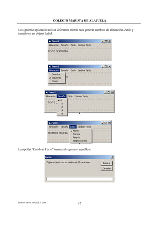 COLEGIO MARISTA DE ALAJUELA

La siguiente aplicación utiliza diferentes menús para generar cambios de alineación, estilo y
tamaño en un objeto Label.




La opción “Cambiar Texto” invoca al siguiente InputBox:




Profesor David Molina S.© 2009                  42
 