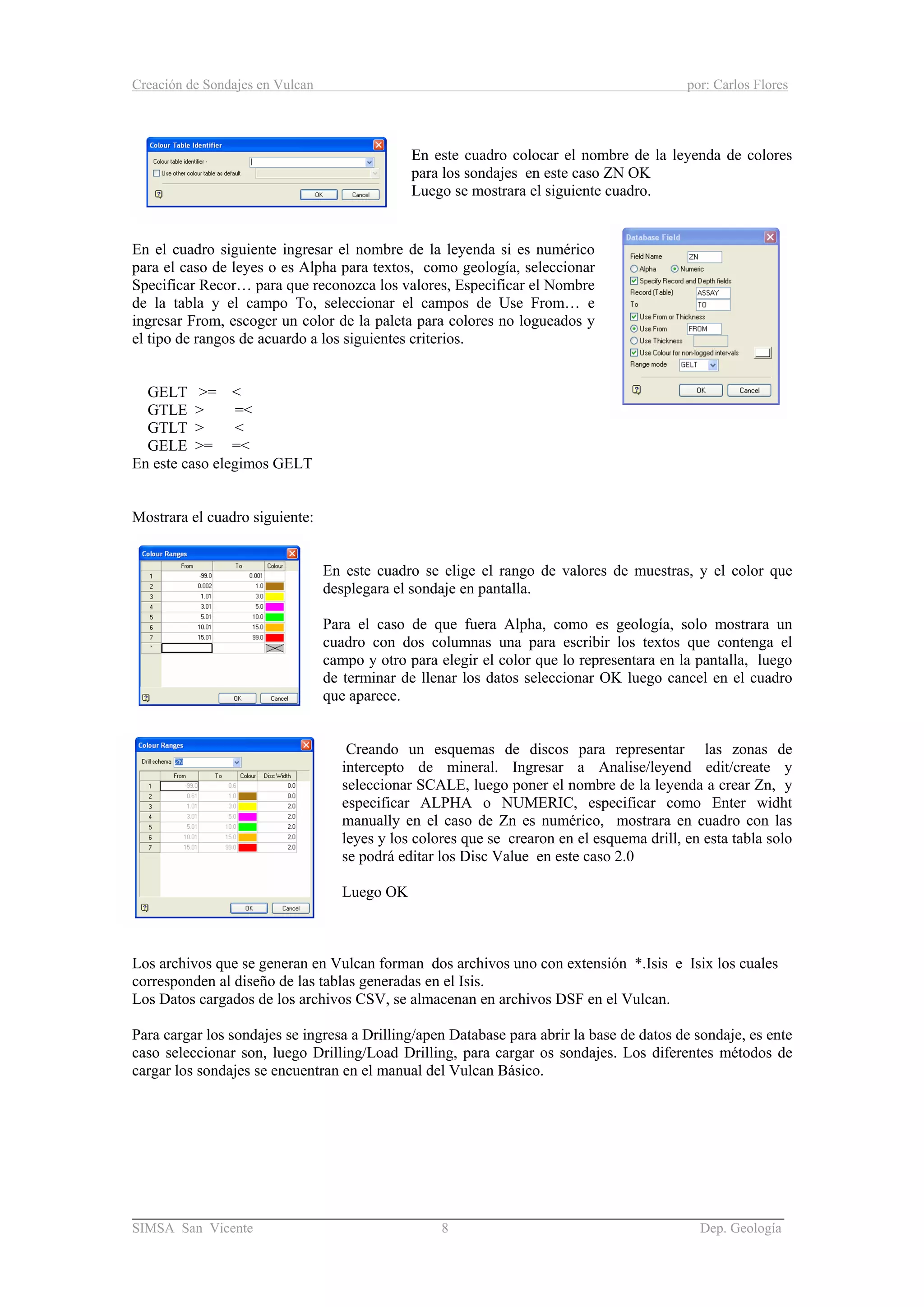 Creación de Sondajes en Vulcan por: Carlos Flores
______________________________________________________________________
SIMSA San Vicente 8 Dep. Geología
En este cuadro colocar el nombre de la leyenda de colores
para los sondajes en este caso ZN OK
Luego se mostrara el siguiente cuadro.
En el cuadro siguiente ingresar el nombre de la leyenda si es numérico
para el caso de leyes o es Alpha para textos, como geología, seleccionar
Specificar Recor… para que reconozca los valores, Especificar el Nombre
de la tabla y el campo To, seleccionar el campos de Use From… e
ingresar From, escoger un color de la paleta para colores no logueados y
el tipo de rangos de acuardo a los siguientes criterios.
GELT >= <
GTLE > =<
GTLT > <
GELE >= =<
En este caso elegimos GELT
Mostrara el cuadro siguiente:
En este cuadro se elige el rango de valores de muestras, y el color que
desplegara el sondaje en pantalla.
Para el caso de que fuera Alpha, como es geología, solo mostrara un
cuadro con dos columnas una para escribir los textos que contenga el
campo y otro para elegir el color que lo representara en la pantalla, luego
de terminar de llenar los datos seleccionar OK luego cancel en el cuadro
que aparece.
Creando un esquemas de discos para representar las zonas de
intercepto de mineral. Ingresar a Analise/leyend edit/create y
seleccionar SCALE, luego poner el nombre de la leyenda a crear Zn, y
especificar ALPHA o NUMERIC, especificar como Enter widht
manually en el caso de Zn es numérico, mostrara en cuadro con las
leyes y los colores que se crearon en el esquema drill, en esta tabla solo
se podrá editar los Disc Value en este caso 2.0
Luego OK
Los archivos que se generan en Vulcan forman dos archivos uno con extensión *.Isis e Isix los cuales
corresponden al diseño de las tablas generadas en el Isis.
Los Datos cargados de los archivos CSV, se almacenan en archivos DSF en el Vulcan.
Para cargar los sondajes se ingresa a Drilling/apen Database para abrir la base de datos de sondaje, es ente
caso seleccionar son, luego Drilling/Load Drilling, para cargar os sondajes. Los diferentes métodos de
cargar los sondajes se encuentran en el manual del Vulcan Básico.
 