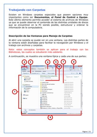 Página | 51
Trabajando con Carpetas
Existen en Windows carpetas especiales que poseen opciones muy
importantes como ser Documentos, el Panel de Control o Equipo.
Este último elemento permite acceder al sistema de archivos de Windows
ya que se puede observar el contenido de las distintas unidades de discos
que se encuentran en la PC siendo posible, estructurar y ordenar la
información de la computadora.
Descripción de las Ventanas para Manejo de Carpetas
Al abrir una carpeta se puede ver en una ventana. Las distintas partes de
la ventana están diseñadas para facilitar la navegación por Windows y el
trabajo con archivos y carpetas.
Nota: estos conceptos también se aplican para el trabajo con las
Bibliotecas, las cuales se estudiarán más adelante.
A continuación, se muestra una ventana típica y cada una de sus partes:
 