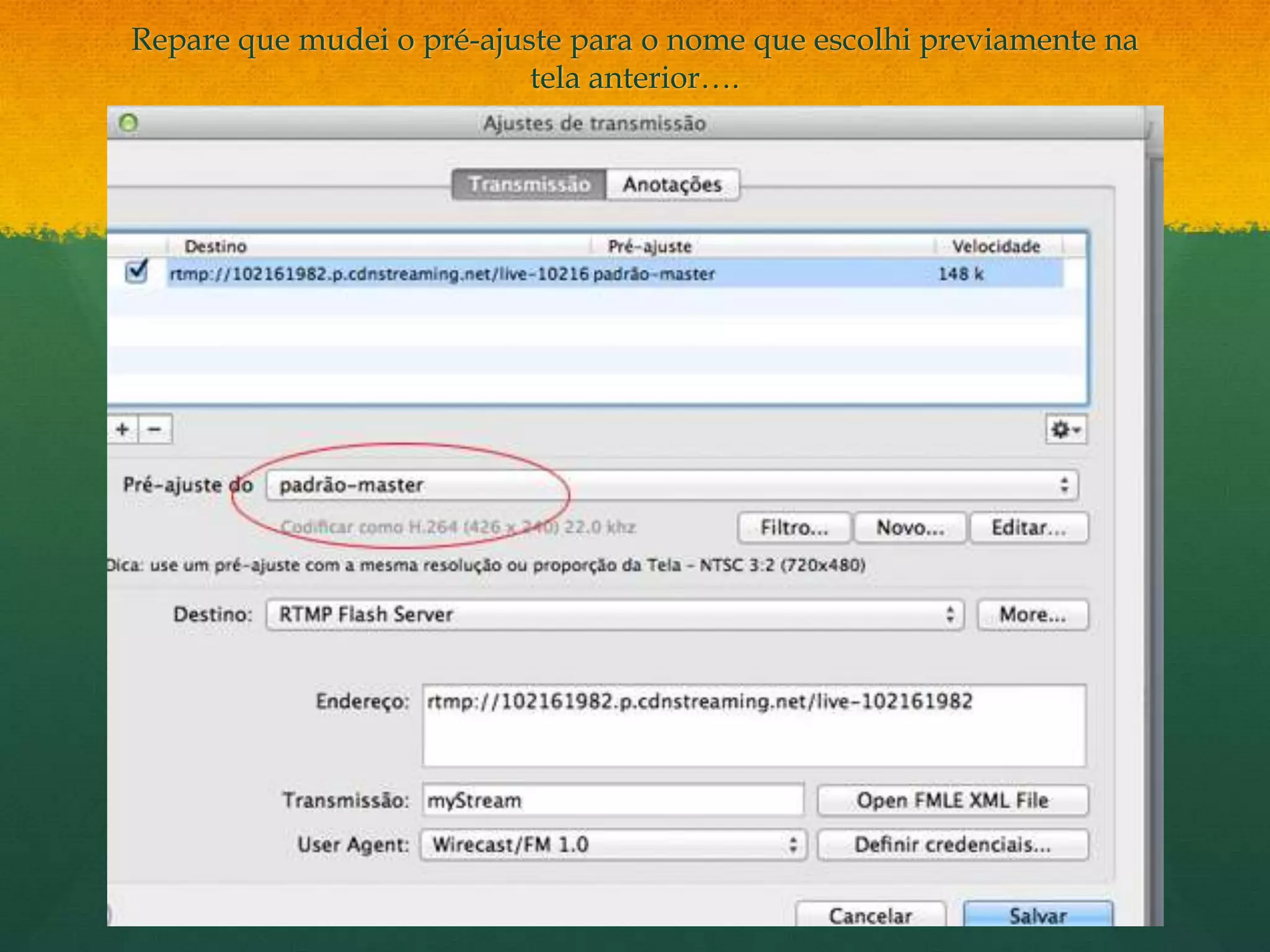 Repare que mudei o pré-ajuste para o nome que escolhi previamente na
                           tela anterior….
 