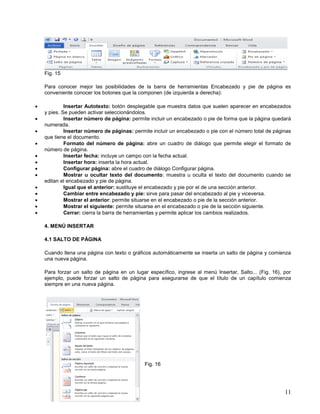 Fig. 15
Para conocer mejor las posibilidades de la barra de herramientas Encabezado y pie de página es
conveniente conocer los botones que la componen (de izquierda a derecha):














Insertar Autotexto: botón desplegable que muestra datos que suelen aparecer en encabezados
y pies. Se pueden activar seleccionándolos.
Insertar número de página: permite incluir un encabezado o pie de forma que la página quedará
numerada.
Insertar número de páginas: permite incluir un encabezado o pie con el número total de páginas
que tiene el documento.
Formato del número de página: abre un cuadro de diálogo que permite elegir el formato de
número de página.
Insertar fecha: incluye un campo con la fecha actual.
Insertar hora: inserta la hora actual.
Configurar página: abre el cuadro de diálogo Configurar página.
Mostrar u ocultar texto del documento: muestra u oculta el texto del documento cuando se
editan el encabezado y pie de página.
Igual que el anterior: sustituye el encabezado y pie por el de una sección anterior.
Cambiar entre encabezado y pie: sirve para pasar del encabezado al pie y viceversa.
Mostrar el anterior: permite situarse en el encabezado o pie de la sección anterior.
Mostrar el siguiente: permite situarse en el encabezado o pie de la sección siguiente.
Cerrar: cierra la barra de herramientas y permite aplicar los cambios realizados.
4. MENÚ INSERTAR
4.1 SALTO DE PÁGINA
Cuando llena una página con texto o gráficos automáticamente se inserta un salto de página y comienza
una nueva página.
Para forzar un salto de página en un lugar específico, ingrese al menú Insertar, Salto... (Fig. 16), por
ejemplo, puede forzar un salto de página para asegurarse de que el título de un capítulo comienza
siempre en una nueva página.

Fig. 16

11

 