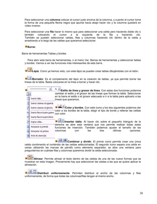 Para seleccionar una columna colocar el cursor justo encima de la columna, y cuando el cursor tome
la forma de una pequeña flecha negra que apunta hacia abajo hacer clic y la columna quedará en
vídeo inverso.
Para seleccionar una fila hacer lo mismo que para seleccionar una celda pero haciendo doble clic o
también
colocando
el
cursor
a
la
izquierda
de
la
fila
y
haciendo
clic.
También se pueden seleccionar celdas, filas y columnas haciendo clic dentro de la celda y
arrastrando a lo largo de las celdas que queramos seleccionar.
Borrar.
Barra de herramientas Tablas y bordes
Para abrir esta barra de herramientas, ir al menú Ver, Barras de herramientas y seleccionar tablas
y bordes. Vamos a ver las funciones más interesantes de esta barra.
Lápiz. Como ya hemos visto, con este lápiz se pueden crear tablas dibujándolas con el ratón.
Borrador. Es el complemento del lápiz en la creación de tablas, ya que permite borrar las
líneas de la tabla. Basta colocarse en la línea a borrar y hacer clic.
Estilo de línea y grosor de línea. Con estas dos funciones podemos
cambiar el estilo y el grosor de las líneas que forman la tabla. Seleccionar
en la barra el estilo o el grosor adecuado e ir a la tabla para aplicarlo a las
líneas que queramos.
Color y bordes. Con este icono y los dos siguientes podemos dar
color a los bordes de la tabla, elegir el tipo de borde y rellenar las celdas
con color.
Insertar tabla. Al hacer clic sobre el pequeño triángulo de la
derecha se abre esta ventana que nos permite realizar todas estas
funciones de inserción. También podemos ajustar el tamaño de las
columnas
con
las
tres
últimas
opciones.

Combinar y dividir. El primer icono permite crear una única
celda combinando el contenido de las celdas seleccionadas. El segundo icono separa una celda en
varias utilizando las marcas de párrafo como elemento separador, se abre una ventana para
preguntarnos en cuántas filas y columnas queremos dividir la celda seleccionada.
Alinear. Permite alinear el texto dentro de las celdas de una de las nueve formas que se
muestran en esta imagen. Previamente hay que seleccionar las celdas a las que se quiere aplicar la
alineación.
Distribuir uniformemente. Permiten distribuir el ancho de las columnas y filas
uniformemente, de forma que todas las columnas/filas tengan el mismo ancho.

30

 