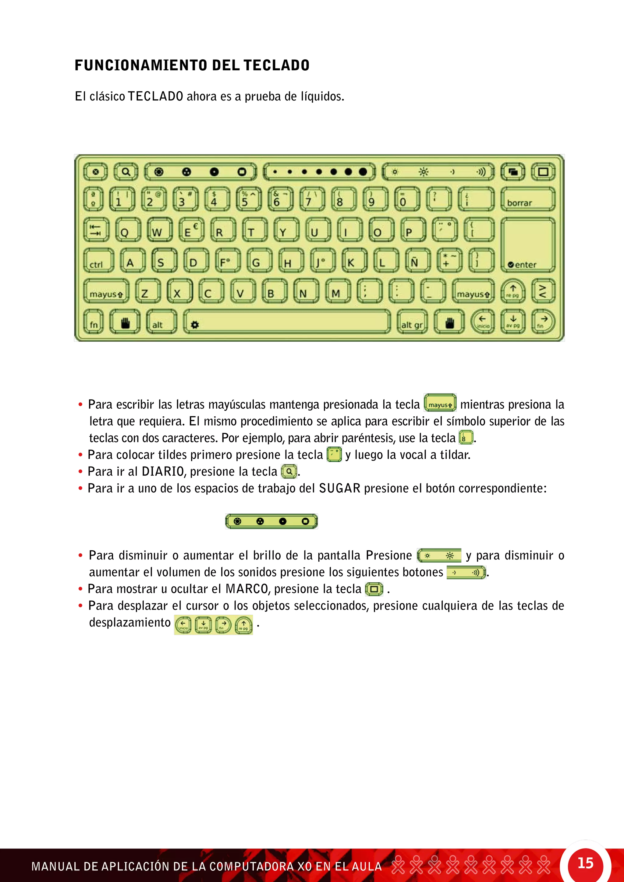 15MANUAL DE APLICACIÓN DE LA COMPUTADORA XO EN EL AULA
FUNCIONAMIENTO DEL TECLADO
El clásico TECLADO ahora es a prueba de líquidos.
• Para escribir las letras mayúsculas mantenga presionada la tecla mientras presiona la
letra que requiera. El mismo procedimiento se aplica para escribir el símbolo superior de las
teclas con dos caracteres. Por ejemplo, para abrir paréntesis, use la tecla .
• Para colocar tildes primero presione la tecla y luego la vocal a tildar.
• Para ir al DIARIO, presione la tecla .
• Para ir a uno de los espacios de trabajo del SUGAR presione el botón correspondiente:
					
• Para disminuir o aumentar el brillo de la pantalla Presione y para disminuir o
aumentar el volumen de los sonidos presione los siguientes botones .
• Para mostrar u ocultar el MARCO, presione la tecla .
• Para desplazar el cursor o los objetos seleccionados, presione cualquiera de las teclas de
desplazamiento .
 