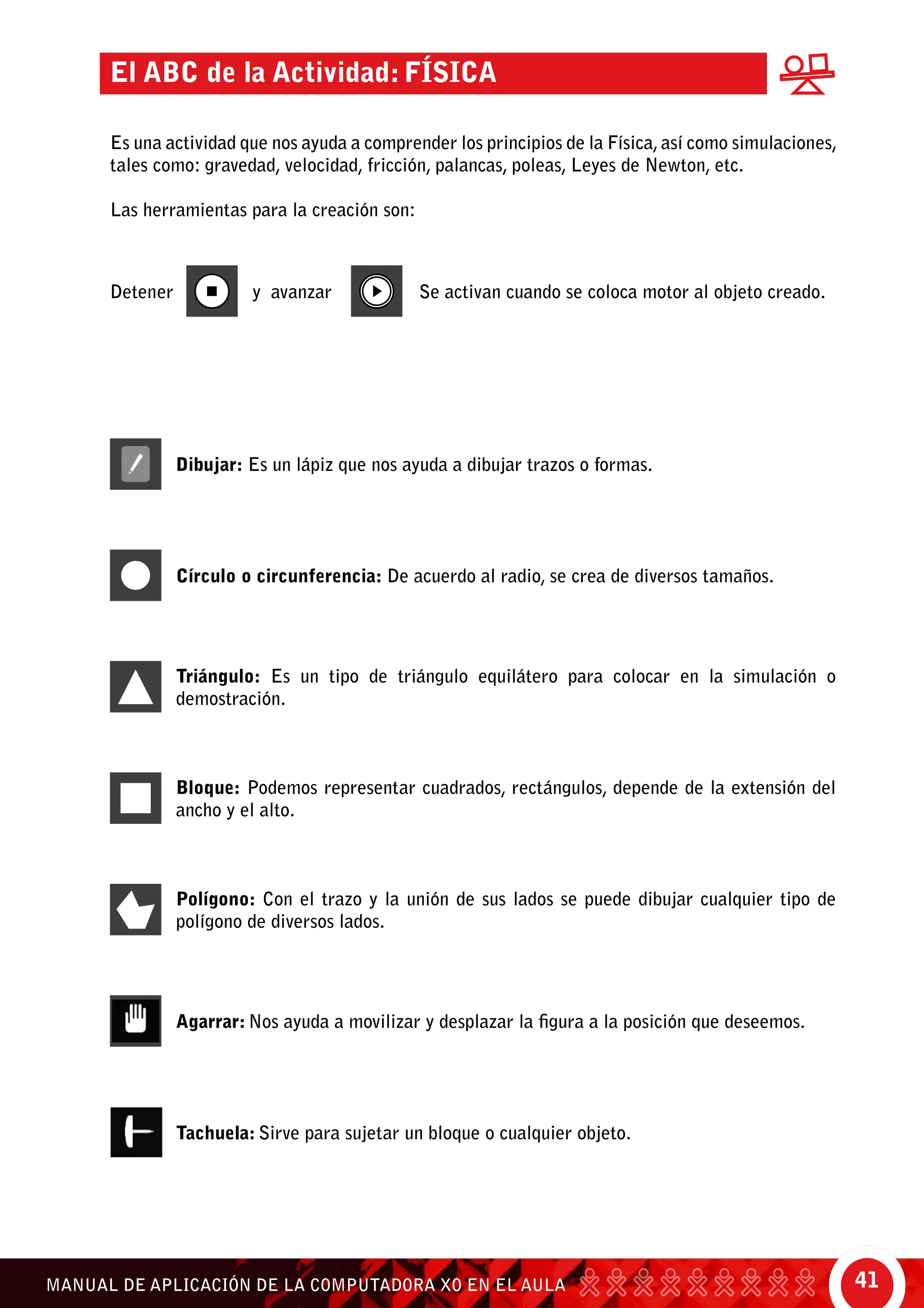 41MANUAL DE APLICACIÓN DE LA COMPUTADORA XO EN EL AULA
El ABC de la Actividad: FÍSICA
Es una actividad que nos ayuda a comprender los principios de la Física,así como simulaciones,
tales como: gravedad, velocidad, fricción, palancas, poleas, Leyes de Newton, etc.
Las herramientas para la creación son:
Detener	 y avanzar Se activan cuando se coloca motor al objeto creado.
Dibujar: Es un lápiz que nos ayuda a dibujar trazos o formas.
Círculo o circunferencia: De acuerdo al radio, se crea de diversos tamaños.
Triángulo: Es un tipo de triángulo equilátero para colocar en la simulación o
demostración.
Bloque: Podemos representar cuadrados, rectángulos, depende de la extensión del
ancho y el alto.
Polígono: Con el trazo y la unión de sus lados se puede dibujar cualquier tipo de
polígono de diversos lados.
Agarrar: Nos ayuda a movilizar y desplazar la figura a la posición que deseemos.
Tachuela: Sirve para sujetar un bloque o cualquier objeto.
 