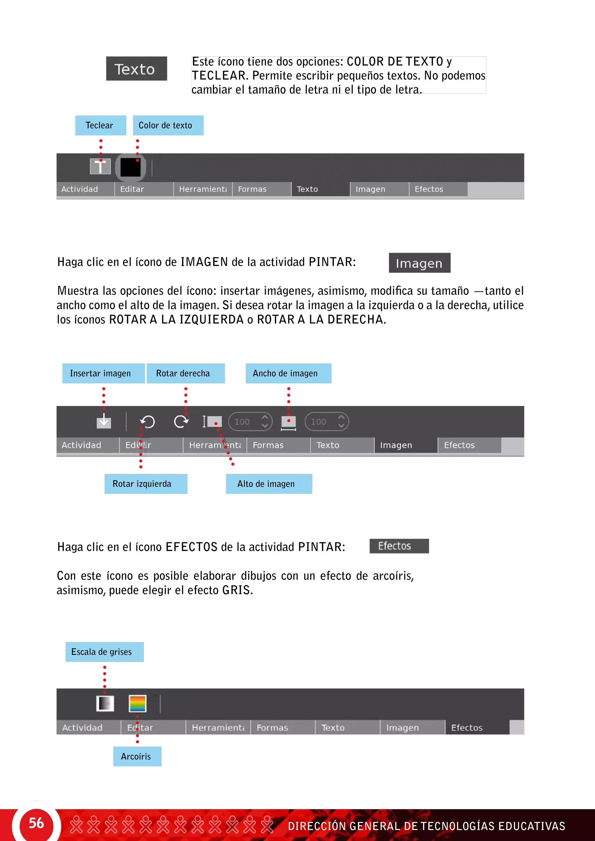DIRECCIÓN GENERAL DE TECNOLOGÍAS EDUCATIVAS56
Este ícono tiene dos opciones: color de texto y
teclear. Permite escribir pequeños textos. No podemos
cambiar el tamaño de letra ni el tipo de letra.
Haga clic en el ícono de Imagen de la actividad Pintar:
Muestra las opciones del ícono: insertar imágenes, asimismo, modifica su tamaño —tanto el
ancho como el alto de la imagen. Si desea rotar la imagen a la izquierda o a la derecha, utilice
los íconos rotar a la izquierda o rotar a la derecha.
Haga clic en el ícono efectos de la actividad Pintar:
Con este ícono es posible elaborar dibujos con un efecto de arcoíris,
asimismo, puede elegir el efecto gris.
Teclear Color de texto
Insertar imagen Ancho de imagen
Alto de imagen
Rotar derecha
Rotar izquierda
Arcoíris
Escala de grises
 
