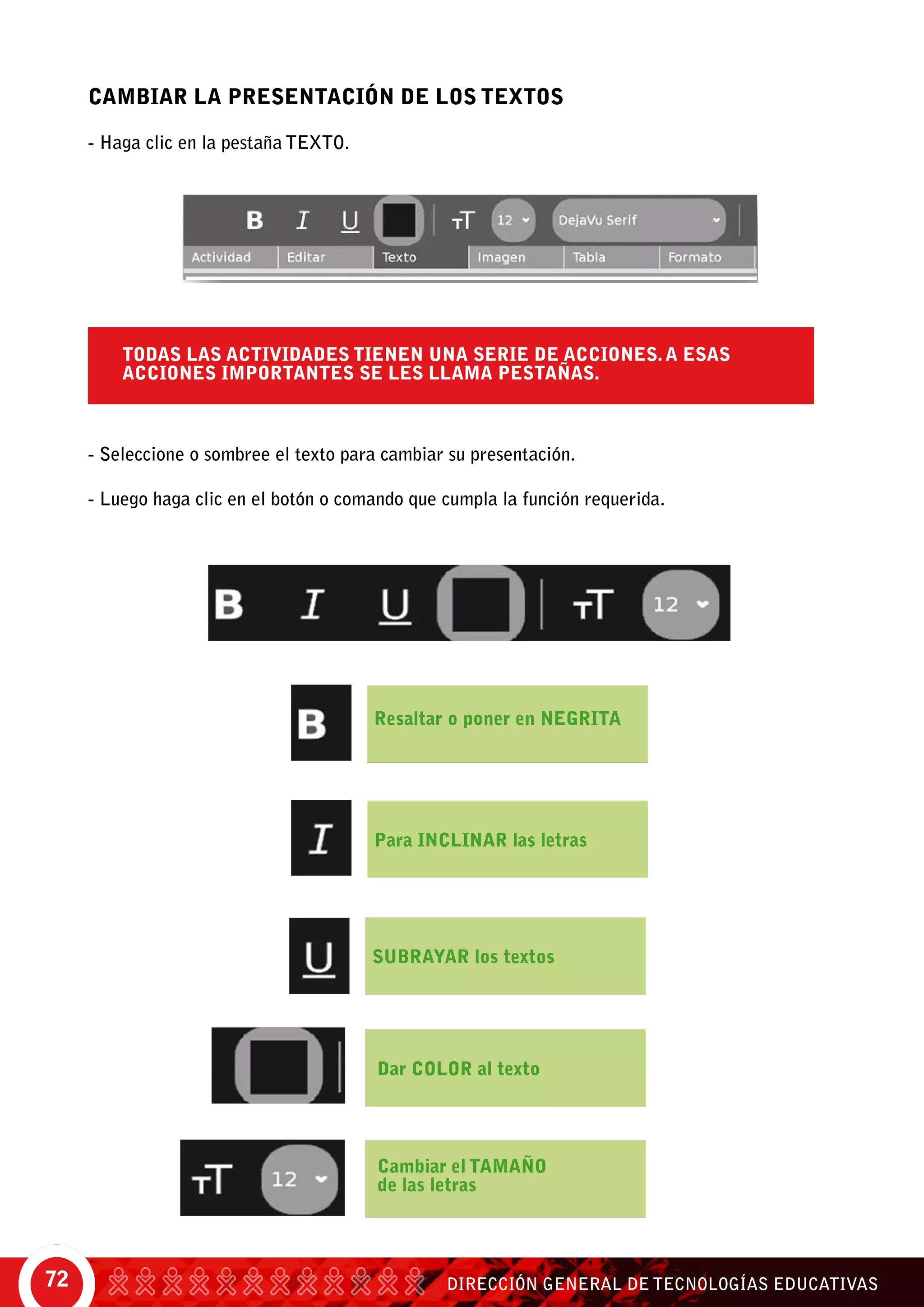 DIRECCIÓN GENERAL DE TECNOLOGÍAS EDUCATIVAS72
CAMBIAR LA PRESENTACIÓN DE LOS TEXTOS
- Haga clic en la pestaña TEXTO.
- Seleccione o sombree el texto para cambiar su presentación.
- Luego haga clic en el botón o comando que cumpla la función requerida.
Todas las actividades tienen una serie de acciones.A esas
acciones importantes se les llama pestañaS.
Cambiar el tamaño
de las letras
Dar color al texto
Resaltar o poner en negrita
Para inclinar las letras
Subrayar los textos
 