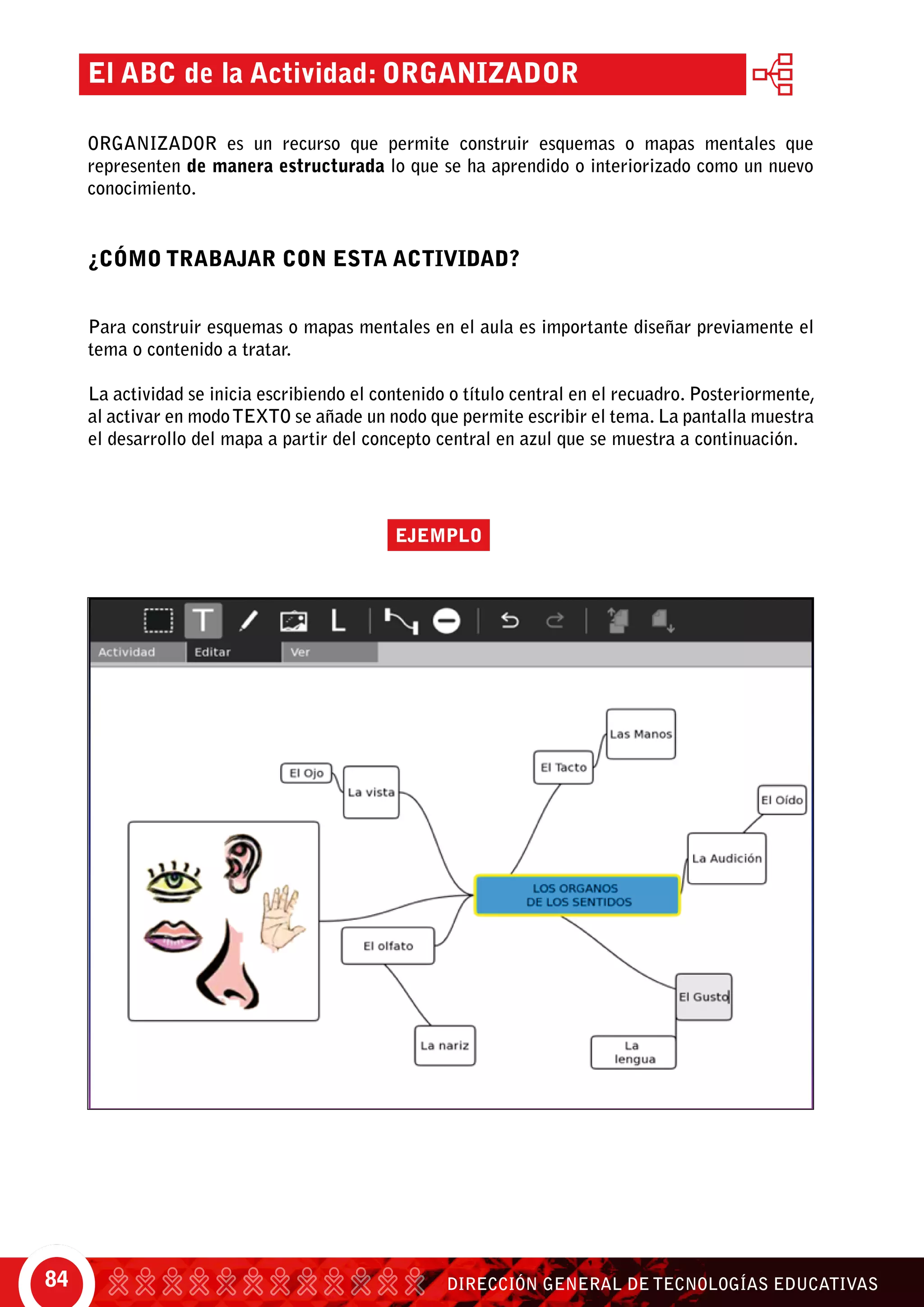 DIRECCIÓN GENERAL DE TECNOLOGÍAS EDUCATIVAS84
El ABC de la Actividad: Organizador
ORGANIZADOR es un recurso que permite construir esquemas o mapas mentales que
representen de manera estructurada lo que se ha aprendido o interiorizado como un nuevo
conocimiento.
¿CÓMO TRABAJAR CON ESTA ACTIVIDAD?
Para construir esquemas o mapas mentales en el aula es importante diseñar previamente el
tema o contenido a tratar.
La actividad se inicia escribiendo el contenido o título central en el recuadro. Posteriormente,
al activar en modotexto se añade un nodo que permite escribir el tema. La pantalla muestra
el desarrollo del mapa a partir del concepto central en azul que se muestra a continuación.
EJEMPLO
 