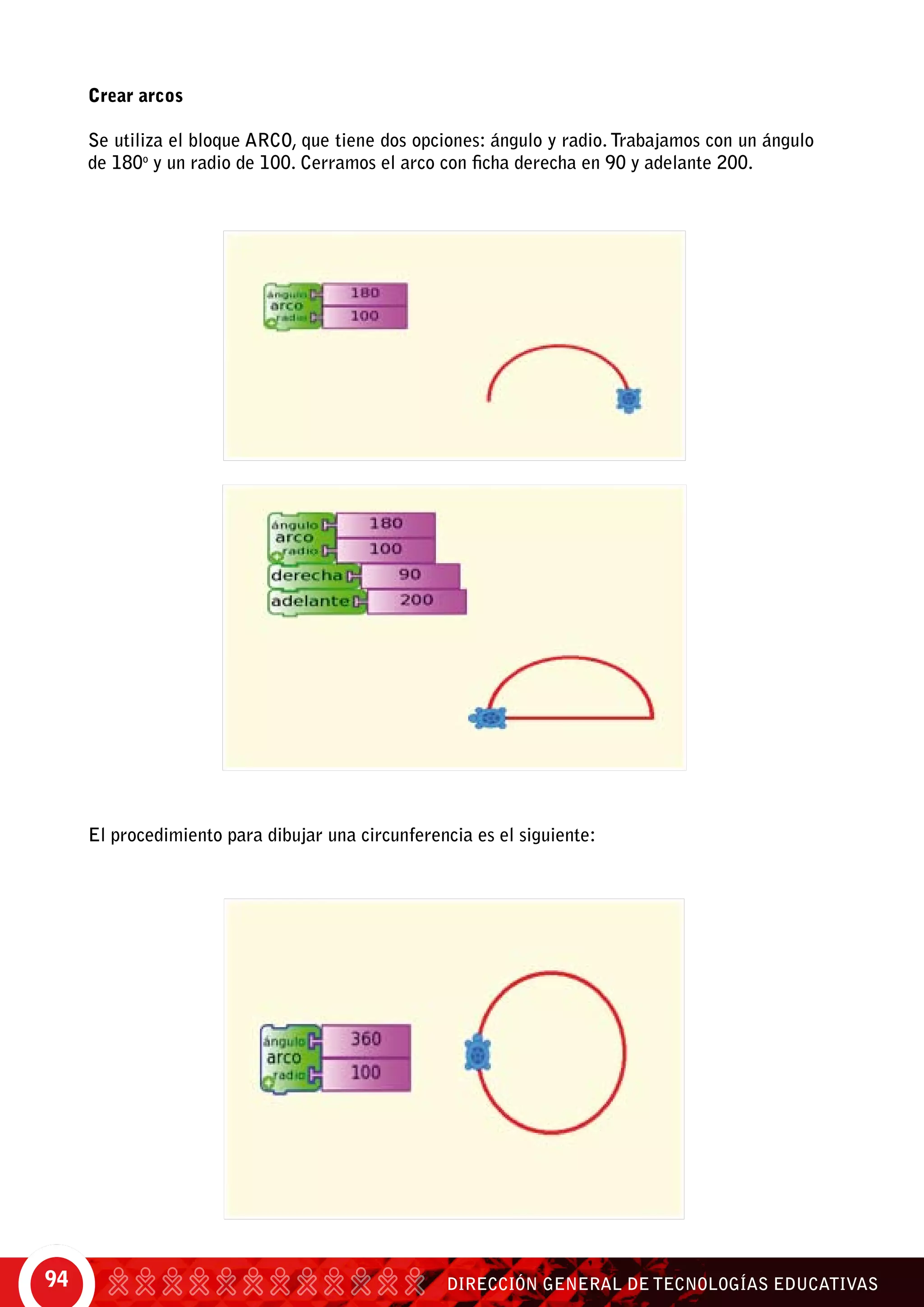 DIRECCIÓN GENERAL DE TECNOLOGÍAS EDUCATIVAS94
El procedimiento para dibujar una circunferencia es el siguiente:
Crear arcos
Se utiliza el bloque arco, que tiene dos opciones: ángulo y radio. Trabajamos con un ángulo
de 180o
y un radio de 100. Cerramos el arco con ficha derecha en 90 y adelante 200.
 