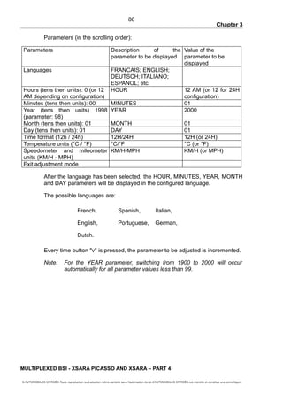 Chapter 3
Parameters (in the scrolling order):
Parameters Description of the
parameter to be displayed
Value of the
parameter to be
displayed
Languages FRANCAIS; ENGLISH;
DEUTSCH; ITALIANO;
ESPANOL; etc.
Hours (tens then units): 0 (or 12
AM depending on configuration)
HOUR 12 AM (or 12 for 24H
configuration)
Minutes (tens then units): 00 MINUTES 01
Year (tens then units) 1998
(parameter: 98)
YEAR 2000
Month (tens then units): 01 MONTH 01
Day (tens then units): 01 DAY 01
Time format (12h / 24h) 12H/24H 12H (or 24H)
Temperature units (°C / °F) °C/°F °C (or °F)
Speedometer and mileometer
units (KM/H - MPH)
KM/H-MPH KM/H (or MPH)
Exit adjustment mode
After the language has been selected, the HOUR, MINUTES, YEAR, MONTH
and DAY parameters will be displayed in the configured language.
The possible languages are:
French, Spanish, Italian,
English, Portuguese, German,
Dutch.
Every time button "v" is pressed, the parameter to be adjusted is incremented.
Note: For the YEAR parameter, switching from 1900 to 2000 will occur
automatically for all parameter values less than 99.
MULTIPLEXED BSI - XSARA PICASSO AND XSARA – PART 4
© AUTOMOBILES CITROËN Toute reproduction ou traduction même partielle sans l'autorisation écrite d'AUTOMOBILES CITROËN est interdite et constitue une contrefaçon
86
 