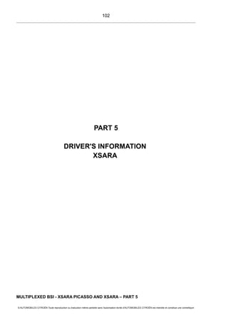 PART 5
DRIVER'S INFORMATION
XSARA
MULTIPLEXED BSI - XSARA PICASSO AND XSARA – PART 5
© AUTOMOBILES CITROËN Toute reproduction ou traduction même partielle sans l'autorisation écrite d'AUTOMOBILES CITROËN est interdite et constitue une contrefaçon
102
 