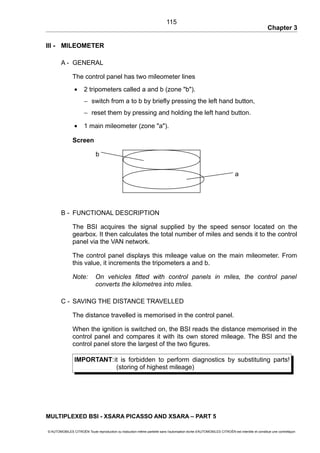 Chapter 3
III - MILEOMETER
A - GENERAL
The control panel has two mileometer lines
• 2 tripometers called a and b (zone "b").
− switch from a to b by briefly pressing the left hand button,
− reset them by pressing and holding the left hand button.
• 1 main mileometer (zone "a").
Screen
B - FUNCTIONAL DESCRIPTION
The BSI acquires the signal supplied by the speed sensor located on the
gearbox. It then calculates the total number of miles and sends it to the control
panel via the VAN network.
The control panel displays this mileage value on the main mileometer. From
this value, it increments the tripometers a and b.
Note: On vehicles fitted with control panels in miles, the control panel
converts the kilometres into miles.
C - SAVING THE DISTANCE TRAVELLED
The distance travelled is memorised in the control panel.
When the ignition is switched on, the BSI reads the distance memorised in the
control panel and compares it with its own stored mileage. The BSI and the
control panel store the largest of the two figures.
IMPORTANT:it is forbidden to perform diagnostics by substituting parts!
(storing of highest mileage)
MULTIPLEXED BSI - XSARA PICASSO AND XSARA – PART 5
© AUTOMOBILES CITROËN Toute reproduction ou traduction même partielle sans l'autorisation écrite d'AUTOMOBILES CITROËN est interdite et constitue une contrefaçon
115
b
a
 
