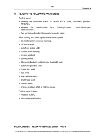 Chapter 4
IV - READING THE FOLLOWING PARAMETERS
Control panel:
• viewing the activation status of certain LEDs (ABS, automatic gearbox,
AIRBAG),
• viewing the maintenance type (missing/present, classic/developed,
normal/severe).
• fuel sender and coolant temperature sender table.
All or nothing and other inputs on the control panel:
• oil min level/min pressure warning,
• oil temperature,
• side/front airbag LED,
• coolant level warning,
• driver's seatbelt,
• parking brake,
• Electronic Brakeforce Distributor fault/ABS fault,
• automatic gearbox fault,
• brake fluid level,
• fuel level,
• low fuel information,
• brightness level,
• dipped beam,
• change in status of all or nothing inputs
Control panel buttons:
• rheostat button,
• tripometer reset button.
MULTIPLEXED BSI - XSARA PICASSO AND XSARA – PART 5
© AUTOMOBILES CITROËN Toute reproduction ou traduction même partielle sans l'autorisation écrite d'AUTOMOBILES CITROËN est interdite et constitue une contrefaçon
117
 