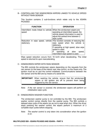 Chapter 2
B - CONTROLLING THE WINDSCREEN WIPERS LINKED TO VEHICLE SPEED
WITHOUT RAIN SENSOR
This function contains 2 sub-functions which relate only to the XSARA
PICASSO:
FUNCTION OPERATION
Intermittent mode linked to vehicle
speed
When the windscreen wipers are
operating at intermittent speed, the
vehicle speed information is used to
adjust the parked time between 2
wipe cycles.
Reduction in wipe speed, vehicle
stationary
This function consists of reducing the
wipe speed when the vehicle is
stationary.
If operating at high speed, slow wipe
speed is used.
If operating at slow speed,
intermittent wipe speed is used.
Wipe speed reduction occurs from 16 km/h when decelerating. The initial
speed is returned to upon reaccelerating.
C - WINDSCREEN WIPER WITH RAIN SENSOR
The BSI controls the windscreen wipers depending on the requests from the
rain sensor (in the base of the interior rear view mirror), on the Xsara only. The
ignition must be on and the control initialised. Communications between the
rain sensor and the BSI are by means of a serial link.
IMPORTANT: When washing the vehicle, ensure that the windscreen
wipers or the ignition are off to prevent them being
triggered by the rain sensor.
Note: If the rain sensor is covered, the windscreen wipers will perform an
initialisation wipe cycle.
D - WINDSCREEN WASHER FUNCTION
The windscreen washer pump is not controlled by the BSI. The windscreen
washer control comes directly from the washer pump. The BSI controls a
delayed wipe cycle of the wipers (so as not to wipe when dry). When the driver
stops pressing the washer control, the wipers perform a maximum of 3
complete wipe cycles before stopping.
Note: The washer control is only taken into consideration when the ignition
is on.
MULTIPLEXED BSI - XSARA PICASSO AND XSARA – PART 6
© AUTOMOBILES CITROËN Toute reproduction ou traduction même partielle sans l'autorisation écrite d'AUTOMOBILES CITROËN est interdite et constitue une contrefaçon
125
 