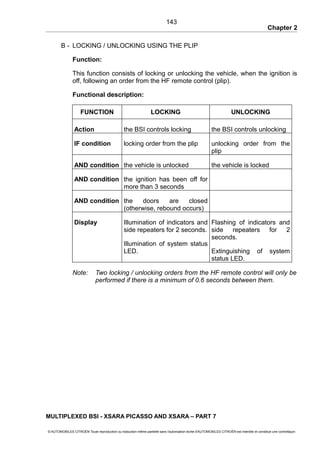 Chapter 2
B - LOCKING / UNLOCKING USING THE PLIP
Function:
This function consists of locking or unlocking the vehicle, when the ignition is
off, following an order from the HF remote control (plip).
Functional description:
FUNCTION LOCKING UNLOCKING
Action the BSI controls locking the BSI controls unlocking
IF condition locking order from the plip unlocking order from the
plip
AND condition the vehicle is unlocked the vehicle is locked
AND condition the ignition has been off for
more than 3 seconds
AND condition the doors are closed
(otherwise, rebound occurs)
Display Illumination of indicators and
side repeaters for 2 seconds.
Illumination of system status
LED.
Flashing of indicators and
side repeaters for 2
seconds.
Extinguishing of system
status LED.
Note: Two locking / unlocking orders from the HF remote control will only be
performed if there is a minimum of 0.6 seconds between them.
MULTIPLEXED BSI - XSARA PICASSO AND XSARA – PART 7
© AUTOMOBILES CITROËN Toute reproduction ou traduction même partielle sans l'autorisation écrite d'AUTOMOBILES CITROËN est interdite et constitue une contrefaçon
143
 