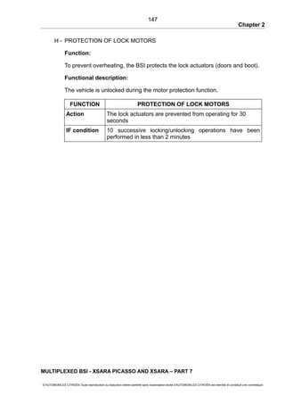 Chapter 2
H - PROTECTION OF LOCK MOTORS
Function:
To prevent overheating, the BSI protects the lock actuators (doors and boot).
Functional description:
The vehicle is unlocked during the motor protection function.
FUNCTION PROTECTION OF LOCK MOTORS
Action The lock actuators are prevented from operating for 30
seconds
IF condition 10 successive locking/unlocking operations have been
performed in less than 2 minutes
MULTIPLEXED BSI - XSARA PICASSO AND XSARA – PART 7
© AUTOMOBILES CITROËN Toute reproduction ou traduction même partielle sans l'autorisation écrite d'AUTOMOBILES CITROËN est interdite et constitue une contrefaçon
147
 