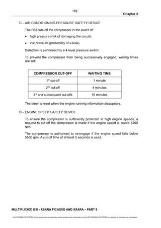 Chapter 2
C - AIR CONDITIONING PRESSURE SAFETY DEVICE
The BSI cuts off the compressor in the event of:
• high pressure (risk of damaging the circuit),
• low pressure (probability of a leak).
Detection is performed by a 4 level pressure switch.
To prevent the compressor from being successively engaged, waiting times
are set:
COMPRESSOR CUT-OFF WAITING TIME
1st
cut-off 1 minute
2nd
cut-off 4 minutes
3rd
and subsequent cut-offs 16 minutes
The timer is reset when the engine running information disappears.
D - ENGINE SPEED SAFETY DEVICE
To ensure the compressor is sufficiently protected at high engine speeds, a
request to cut off the compressor is made if the engine speed is above 6250
rpm.
The compressor is authorised to re-engage if the engine speed falls below
5650 rpm. A cut-off time of at least 5 seconds is used.
MULTIPLEXED BSI - XSARA PICASSO AND XSARA – PART 8
© AUTOMOBILES CITROËN Toute reproduction ou traduction même partielle sans l'autorisation écrite d'AUTOMOBILES CITROËN est interdite et constitue une contrefaçon
162
 
