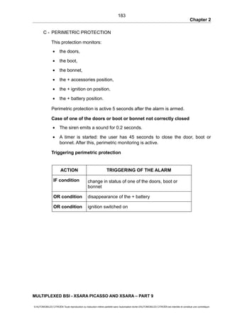 Chapter 2
C - PERIMETRIC PROTECTION
This protection monitors:
• the doors,
• the boot,
• the bonnet,
• the + accessories position,
• the + ignition on position,
• the + battery position.
Perimetric protection is active 5 seconds after the alarm is armed.
Case of one of the doors or boot or bonnet not correctly closed
• The siren emits a sound for 0.2 seconds.
• A timer is started: the user has 45 seconds to close the door, boot or
bonnet. After this, perimetric monitoring is active.
Triggering perimetric protection
ACTION TRIGGERING OF THE ALARM
IF condition change in status of one of the doors, boot or
bonnet
OR condition disappearance of the + battery
OR condition ignition switched on
MULTIPLEXED BSI - XSARA PICASSO AND XSARA – PART 9
© AUTOMOBILES CITROËN Toute reproduction ou traduction même partielle sans l'autorisation écrite d'AUTOMOBILES CITROËN est interdite et constitue une contrefaçon
183
 