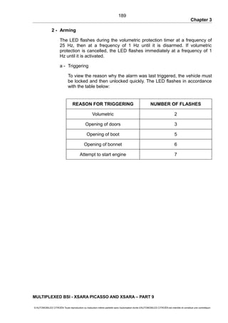 Chapter 3
2 - Arming
The LED flashes during the volumetric protection timer at a frequency of
25 Hz, then at a frequency of 1 Hz until it is disarmed. If volumetric
protection is cancelled, the LED flashes immediately at a frequency of 1
Hz until it is activated.
a - Triggering
To view the reason why the alarm was last triggered, the vehicle must
be locked and then unlocked quickly. The LED flashes in accordance
with the table below:
REASON FOR TRIGGERING NUMBER OF FLASHES
Volumetric 2
Opening of doors 3
Opening of boot 5
Opening of bonnet 6
Attempt to start engine 7
MULTIPLEXED BSI - XSARA PICASSO AND XSARA – PART 9
© AUTOMOBILES CITROËN Toute reproduction ou traduction même partielle sans l'autorisation écrite d'AUTOMOBILES CITROËN est interdite et constitue une contrefaçon
189
 