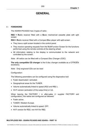 Chapter 1
GENERAL
I - FOREWORD
The XSARA PICASSO has 2 types of radio:
RB2 = Radio receiver fitted with a Basic mechanical cassette plate with split
screen
RD2 = Radio receiver fitted with a Compact Disc player with split screen
• They have a split screen located in the control panel.
• They receive operating requests from the MultiFunction Screen for the functions
performed using the remote controls at the steering wheel.
• All information relating to the display is communicated to the network and
controlled by the screen.
Note: All radios can be fitted with a Compact Disc Changer (CDC).
The only compatible CD changer is the 6 disc changer available as a CITROËN
accessory.
Note: Only engraved CDs can be read.
Configuration:
The following parameters can be configured using the diagnostics tool:
• Fader deactivated / activated.
• Geographical areas for the TUNER.
• Volume automatically linked to speed (RD2 and RB2 ).
• HI-FI version (activation of the output line) or not.
When leaving the FACTORY / in after-sales (= supplier FACTORY exit
configuration), the radios are configured as followed:
• Fader active.
• TUNER: Western Europe.
• Volume automatically linked to speed: OFF.
• Hi-Fi version for RD2, non Hi-fi for RB2.
MULTIPLEXED BSI - XSARA PICASSO AND XSARA – PART 10
© AUTOMOBILES CITROËN Toute reproduction ou traduction même partielle sans l'autorisation écrite d'AUTOMOBILES CITROËN est interdite et constitue une contrefaçon
200
 