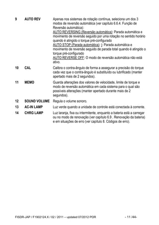 FISDR-JAP / F1902124.X / 02 / 2011 – updated 07/2012 POR - 11 /44- 
9 AUTO REV Apenas nos sistemas de rotação contínua, seleciona um dos 3 modos de reversão automática (ver capítulo 6.6.4. Função de Reversão automática): 
AUTO REVERSING (Reversão automática): Parada automática e movimento de reversão seguido por uma rotação no sentido horário quando é atingido o torque pré-configurado 
AUTO STOP (Parada automática): ): Parada automática e movimento de reversão seguido de parada total quando é atingido o torque pré-configurado 
AUTO REVERSE OFF: O modo de reversão automática não está ativo. 
10 CAL Calibra o contra-ângulo de forma a assegurar a precisão do torque cada vez que o contra-ângulo é substituído ou lubrificado (manter apertado mais de 2 segundos). 
11 MEMO Guarda alterações dos valores de velocidade, limite de torque e modo de reversão automática em cada sistema para o qual são possíveis alterações (manter apertado durante mais de 2 segundos). 
12 SOUND VOLUME Regula o volume sonoro. 
13 AC-IN LAMP Luz verde quando a unidade de controle está conectada à corrente. 
14 CHRG LAMP Luz laranja, fixa ou intermitente, enquanto a bateria está a carregar ou no modo de renovação (ver capítulo 6.9 . Renovação da bateria) e em situações de erro (ver capítulo 8. Códigos de erro). 
 