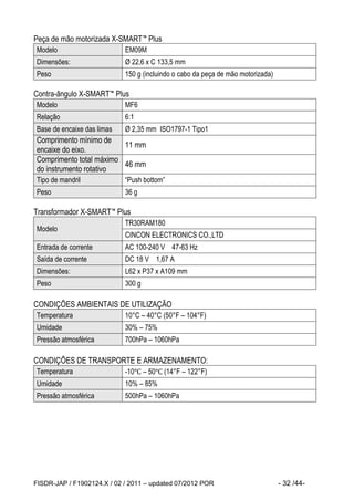FISDR-JAP / F1902124.X / 02 / 2011 – updated 07/2012 POR - 32 /44- 
Peça de mão motorizada X-SMART™ Plus Modelo 
EM09M Dimensões: 
Ø 22,6 x C 133,5 mm Peso 
150 g (incluindo o cabo da peça de mão motorizada) 
Contra-ângulo X-SMART™ Plus Modelo 
MF6 Relação 
6:1 Base de encaixe das limas 
Ø 2,35 mm ISO1797-1 Tipo1 Comprimento mínimo de encaixe do eixo. 
11 mm Comprimento total máximo do instrumento rotativo 
46 mm Tipo de mandril 
“Push bottom” Peso 
36 g 
Transformador X-SMART™ Plus Modelo 
TR30RAM180 
CINCON ELECTRONICS CO.,LTD Entrada de corrente 
AC 100-240 V 47-63 Hz Saída de corrente 
DC 18 V 1,67 A Dimensões: 
L62 x P37 x A109 mm Peso 
300 g 
CONDIÇÕES AMBIENTAIS DE UTILIZAÇÃO Temperatura 
10°C – 40°C (50°F – 104°F) Umidade 
30% – 75% Pressão atmosférica 
700hPa – 1060hPa 
CONDIÇÕES DE TRANSPORTE E ARMAZENAMENTO: Temperatura 
-10℃ – 50℃ (14°F – 122°F) Umidade 
10% – 85% Pressão atmosférica 
500hPa – 1060hPa 
 