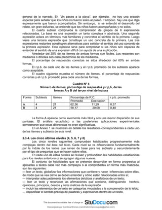 general de lo narrado. En "Un paseo a la playa", por ejemplo, no hay una oración
especial para señalar que los niños no fueron solos al paseo. Tampoco hay una que diga
expresamente que fueron acompañados. Sin embargo, si se entendió el desarrollo del
relato, sin gran esfuerzo, se entiende que los niños fueron acompañados y no solos.
El cuarto subtest comprueba la comprensión de grupos de 6 expresiones
relacionadas. La base es una expresión un tanto compleja y abstracta. Una segunda
expresión aclara en términos más familiares y concretos el sentido de la primera. Luego
viene una tercera expresión que constituye un uso concreto de la primera. Las tres
expresiones restantes constituyen alternativas para señalar el sentido del uso concreto de
la primera expresión. Este ejercicio sirve para comprobar si los niños son capaces de
entender el sentido de una expresión difícil con ayuda de una explicación.
Alrededor del 35% de los ítemes de ambas formas son fáciles. Los restantes son
medianos o difíciles con claro predominio de los medianos.
El porcentaje de respuestas correctas se sitúa alrededor del 60% en ambas
formas,
El r.p.b. de cada uno de los ítemes y el r.p.b, promedio de los subtests aparece
como aceptable.
El cuadro siguiente muestra el número de ítemes, el porcentaje de respuestas
correctas y el r.p.b. promedio para cada una de las formas,
Cuadro N° 4
Número de ítemes, porcentaje de respuestas y r,p,b, de las
formas A y B del tercer nivel de lectura
Forma Subtests ítemes Porcentaje de R.C. r.p.b. promedio
Promedio Desviación
A 4 21 62,36 11,29 0,37
B 4 21 58,17 20,08 0,40
La forma A aparece como levemente más fácil y con una menor dispersión de sus
puntajes. El análisis estadístico y las posteriores aplicaciones experimentales
demostraron que estas diferencias no eran significativas.
En el Anexo 1 se muestran en detalle los resultados correspondientes a cada uno
de los ítemes y subtests de este nivel.
2.3.4. Los cinco últimos niveles (4, 5, 6, 7 y 8)
Los cinco niveles siguientes comprueban habilidades progresivamente más
complejas dentro del área del texto. Cada nivel se va diferenciando fundamentalmente
por la índole de los textos que sirven de base para los subtests y secundariamente
por el tipo de preguntas que se hacen sobre ellos.
En cada uno de estos niveles se revisan y profundizan las habilidades establecidas
para los niveles anteriores y se agregan algunas nuevas.
El conjunto de habilidades que se pretende desarrollar en forma progresiva al
aplicarlas a textos cada vez más complejos o al comprobarlas en forma más matizada,
son las siguientes:
— leer un texto, globalizar las informaciones que contiene y hacer inferencias sobre ellas,
de modo que se vea cómo se deben entender y cómo están relacionadas entre sí;
— interpretar adecuadamente los elementos deícticos y anafóticos de un texto;
— leer un texto y reconocer las afirmaciones que contiene, distinguiendo hechos,
opiniones, principios, deseos y otros matices de la expresión
— incluir los elementos de un texto en categorías vinculadas a la comprensión de lo leído;
— especificar el sentido preciso de palabras y expresiones dentro de un texto,
Descargado por Carolina Briones (carolinabrionesvasquez@gmail.com)
lOMoARcPSD|10195187
 