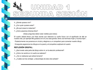 4. ¿Dónde quisiera vivir? 5. ¿Con quién quisiera estar? 6. ¿De qué cosas te rodearías? 7. ¿Cómo pasarías el tiempo libre? (Estas preguntas deben estar visibles para todos) El cuadro deberá llevar una frase escrita que relacione su sueño futuro con el significado de ella en nuestra vida, por ejemplo”Me gustaria vivir en una casa grande, tener una hermosa mujer y muchos hijos”.. · Posteriormente nos ponemos en círculo y elegimos a un compañero para comentar nuestro dibujo. · Enseguida pegaremos los dibujos en la pared y el compañero explicará el nuestro REFLEXIÓN GRUPAL: 1. ¿Qué revela cada parte del dibujo sobre mí, en la elección profesional? 2. ¿Cómo me sentiría si mi sueño se realizara? 3. ¿ De no realizarse qué actitud tomaría? 4. ¿ Cuáles son las ventajas  y desventajas de esta vida soñada? UNIDAD 1 SEGUNDA SESIÓN 19 