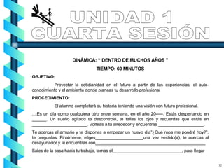 DINÁMICA: “ DENTRO DE MUCHOS AÑOS ” TIEMPO: 60 MINUTOS OBJETIVO: Proyectar la cotidianidad en el futuro a partir de las experiencias, el auto- conocimiento y el ambiente donde planeas tu desarrollo profesional PROCEDIMIENTO: El alumno completará su historia teniendo una visión con futuro profesional.  ....Es un día como cualquiera otro entre semana, en el año 20-----. Estás despertando en ______. Un sueño agitado te descontroló, te tallas los ojos y recuerdas que estás en _______________________. Volteas a tu alrededor y encuentras ___________________. Te acercas al armario y te dispones a empezar un nuevo día”¿Qué ropa me pondré hoy?”, te preguntas. Finalmente, eliges____________________una vez vestido(a), te acercas al desayunador y te encuentras con______________________________________________ Sales de la casa hacia tu trabajo, tomas el_____________________________, para llegar UNIDAD 1 CUARTA SESIÓN 32 