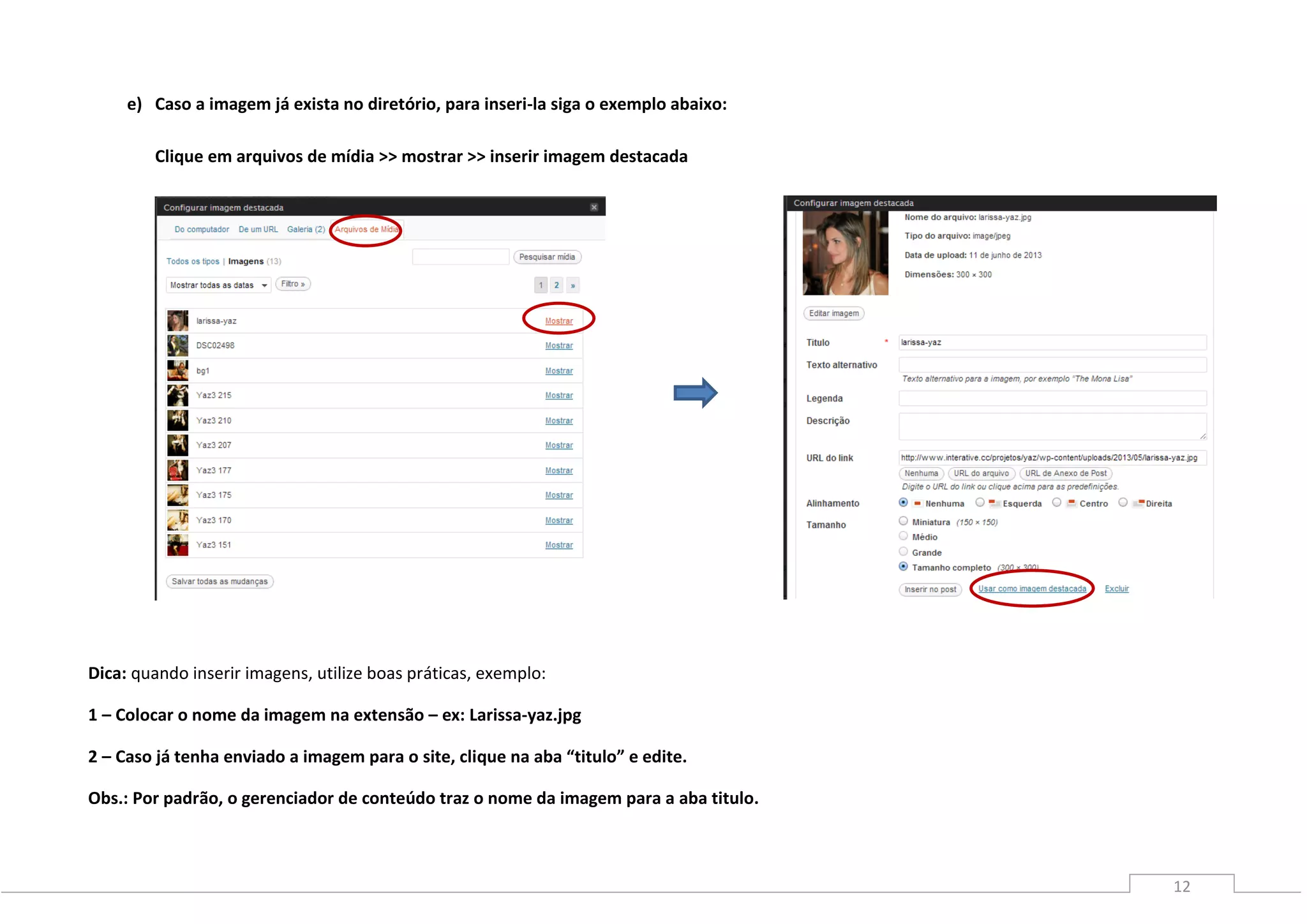 12
e) Caso a imagem já exista no diretório, para inseri-la siga o exemplo abaixo:
Clique em arquivos de mídia >> mostrar >> inserir imagem destacada
Dica: quando inserir imagens, utilize boas práticas, exemplo:
1 – Colocar o nome da imagem na extensão – ex: Larissa-yaz.jpg
2 – Caso já tenha enviado a imagem para o site, clique na aba “titulo” e edite.
Obs.: Por padrão, o gerenciador de conteúdo traz o nome da imagem para a aba titulo.
 