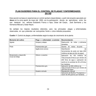 PLAN SUGERIDO PARA EL CONTROL DE PLAGAS Y ENFERMEDADES
                                  EN VID

Esta sección se basa en experiencias en control sanitario desarrolladas a partir del proyecto ejecutado por
desco en la zona apartir de mayo del 2000, con la participación directa de agricultores, entre los
que destacan los señores Godoberto Franco e hijos, César del Carpio, José Sarmiento y los
hermanos Manuel y César Neyra.

Se señalan los mejores resultados obtenidos, para las principales plagas y enfermedades
observadas, sin que pretendan ser excluyentes frente a otros métodos propuestos.

Cuadro 1: Control de plagas y enfermedades según la etapa de crecimiento de la planta

Momento del cultivo                 Plaga o enfermedad a controlar      Recomendación
Agoste                              Avispas y abejas                    Destrucción de nidos y colmenas
                                                                        silvestres.
Poda                                Podredumbre gris                    Quema     de    restos    de poda
                                    Agalla de la corona                 Desinfección                           de
                                                                        herramientas de poda con lejia (200
                                                                        mililitros de lejia por litro de agua)
Brotamiento y desarrollo            Oidium o caracha                    Aplicación     de   100   mililitros   de
inicial de follaje
                                                                        Tebuconazole (Folicur) por cilindro de
                                                                        200 litros de agua o aplicación de
                                                                        azufre en la cantidad de 30 a 40 kilos
                                                                        por hectárea.
                                    Podredumbre gris                    Aplicación de 200 mililitros de
                                                                        Tebuconazole (Folicur) por cilindro de
                                                                        200 litros de agua
                                    Gusano cornudo                      Recolección manual
                                                                        Aplicación de Bacillus Thurigiensis a
                                                                        razón de 250 gramos por hectárea.




                                                       24
 