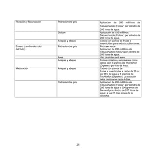 Floración y fecundación   Podredumbre gris        Aplicación de 200 mililitros de
                                                  Tebuconazole (Folicur) por cilindro de
                                                  200 litros de agua.
                          Oidium                  Aplicación de 100 mililitros
                                                  Tebuconazole (Folicur) por cilindro de
                                                  200 litros de agua.
                          Avispas y abejas        Cebos con zumos de frutas e
                                                  insecticidas para reducir poblaciones.
Envero (cambio de color   Podredumbre gris        Poda en verde.
del fruto)                                        Aplicación de 200 mililitros de
                                                  Tebuconazole (folicur) por cilindro de
                                                  200 litros de agua.
                          Aves                    Uso de cintas anti aves
                          Avispas y abejas        Frutos cortados y empleados como
                                                  cenos con 4 gramos de Trichlorfon
                                                  (Dipterex) por kilo de fruta.
Maduración                Avispas y abejas        Cebos con zumos de
                                                  frutas e insecticidas a razón de 50 cc
                                                  por litro de agua y 4 gramos de
                                                  Trichlorfon (Dipterex). La solución
                                                  debe cambiarse cada 4 días.
                          Podredumbre gris        Aplicación de 200 mililitros de
                                                  Tebuconazole (Folicur) por cilindro de
                                                  200 litros de agua o 200 gramos de
                                                  Benomil por cilindro de 200 litros de
                                                  agua; a los 21 días antes de la
                                                  cosecha.




                                             25
 