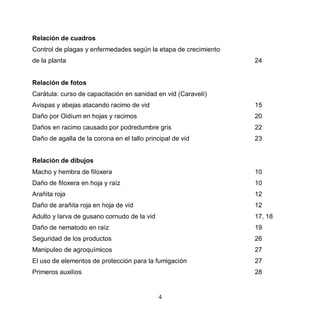 Relación de cuadros
Control de plagas y enfermedades según la etapa de crecimiento
de la planta                                                     24


Relación de fotos
Carátula: curso de capacitación en sanidad en vid (Caravelí)
Avispas y abejas atacando racimo de vid                          15
Daño por Oidium en hojas y racimos                               20
Daños en racimo causado por podredumbre gris                     22
Daño de agalla de la corona en el tallo principal de vid         23


Relación de dibujos
Macho y hembra de filoxera                                       10
Daño de filoxera en hoja y raíz                                  10
Arañita roja                                                     12
Daño de arañita roja en hoja de vid                              12
Adulto y larva de gusano cornudo de la vid                       17, 18
Daño de nematodo en raíz                                         19
Seguridad de los productos                                       26
Manipuleo de agroquímicos                                        27
El uso de elementos de protección para la fumigación             27
Primeros auxilios                                                28


                                             4
 