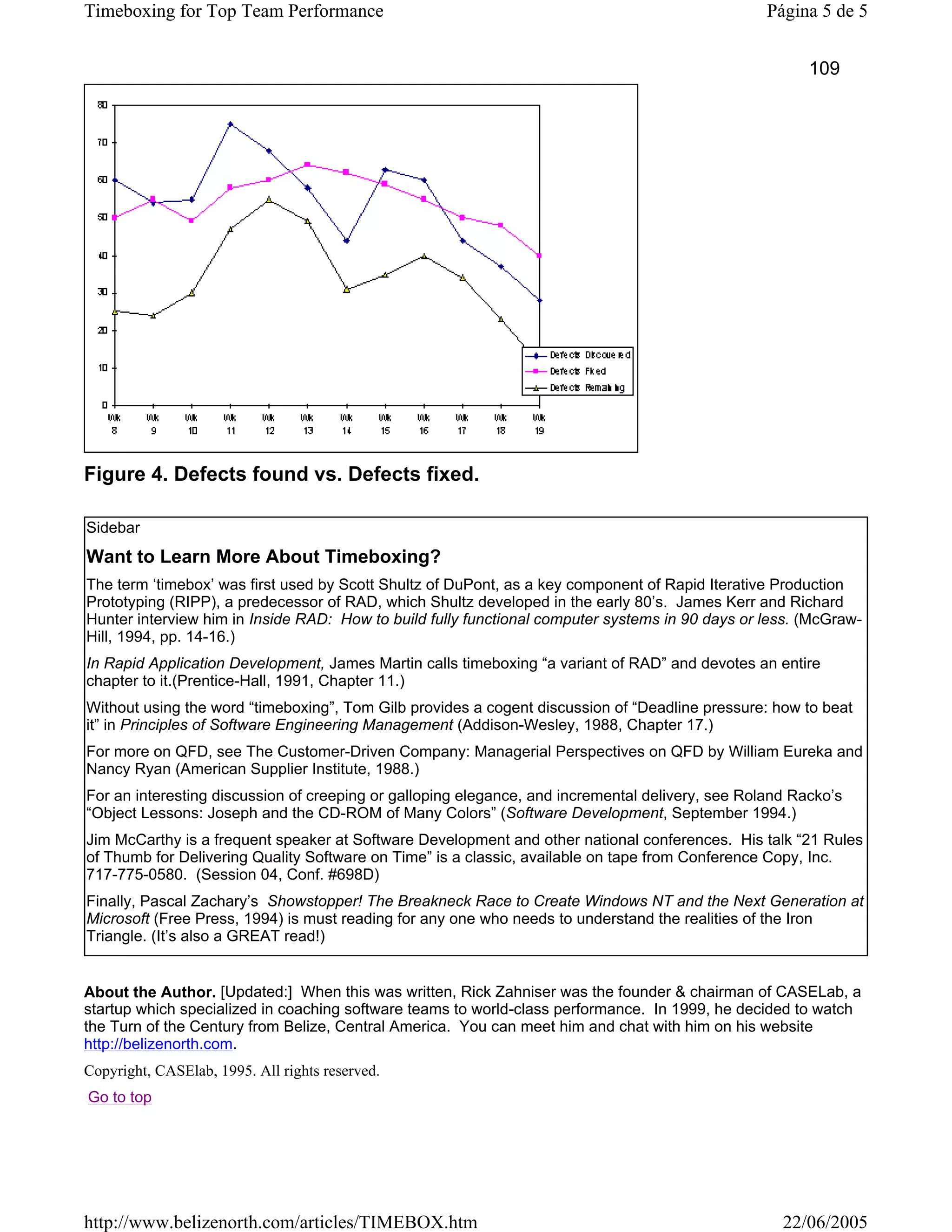 Timeboxing for Top Team Performance                                                               Página 5 de 5


                                                                                                        109




Figure 4. Defects found vs. Defects fixed.

Sidebar
Want to Learn More About Timeboxing?
The term ‘timebox’ was first used by Scott Shultz of DuPont, as a key component of Rapid Iterative Production
Prototyping (RIPP), a predecessor of RAD, which Shultz developed in the early 80’s. James Kerr and Richard
Hunter interview him in Inside RAD: How to build fully functional computer systems in 90 days or less. (McGraw-
Hill, 1994, pp. 14-16.)
In Rapid Application Development, James Martin calls timeboxing “a variant of RAD” and devotes an entire
chapter to it.(Prentice-Hall, 1991, Chapter 11.)
Without using the word “timeboxing”, Tom Gilb provides a cogent discussion of “Deadline pressure: how to beat
it” in Principles of Software Engineering Management (Addison-Wesley, 1988, Chapter 17.)
For more on QFD, see The Customer-Driven Company: Managerial Perspectives on QFD by William Eureka and
Nancy Ryan (American Supplier Institute, 1988.)
For an interesting discussion of creeping or galloping elegance, and incremental delivery, see Roland Racko’s
“Object Lessons: Joseph and the CD-ROM of Many Colors” (Software Development, September 1994.)
Jim McCarthy is a frequent speaker at Software Development and other national conferences. His talk “21 Rules
of Thumb for Delivering Quality Software on Time” is a classic, available on tape from Conference Copy, Inc.
717-775-0580. (Session 04, Conf. #698D)
Finally, Pascal Zachary’s Showstopper! The Breakneck Race to Create Windows NT and the Next Generation at
Microsoft (Free Press, 1994) is must reading for any one who needs to understand the realities of the Iron
Triangle. (It’s also a GREAT read!)


About the Author. [Updated:] When this was written, Rick Zahniser was the founder & chairman of CASELab, a
startup which specialized in coaching software teams to world-class performance. In 1999, he decided to watch
the Turn of the Century from Belize, Central America. You can meet him and chat with him on his website
http://belizenorth.com.
Copyright, CASElab, 1995. All rights reserved.
Go to top




http://www.belizenorth.com/articles/TIMEBOX.htm                                                     22/06/2005
 
