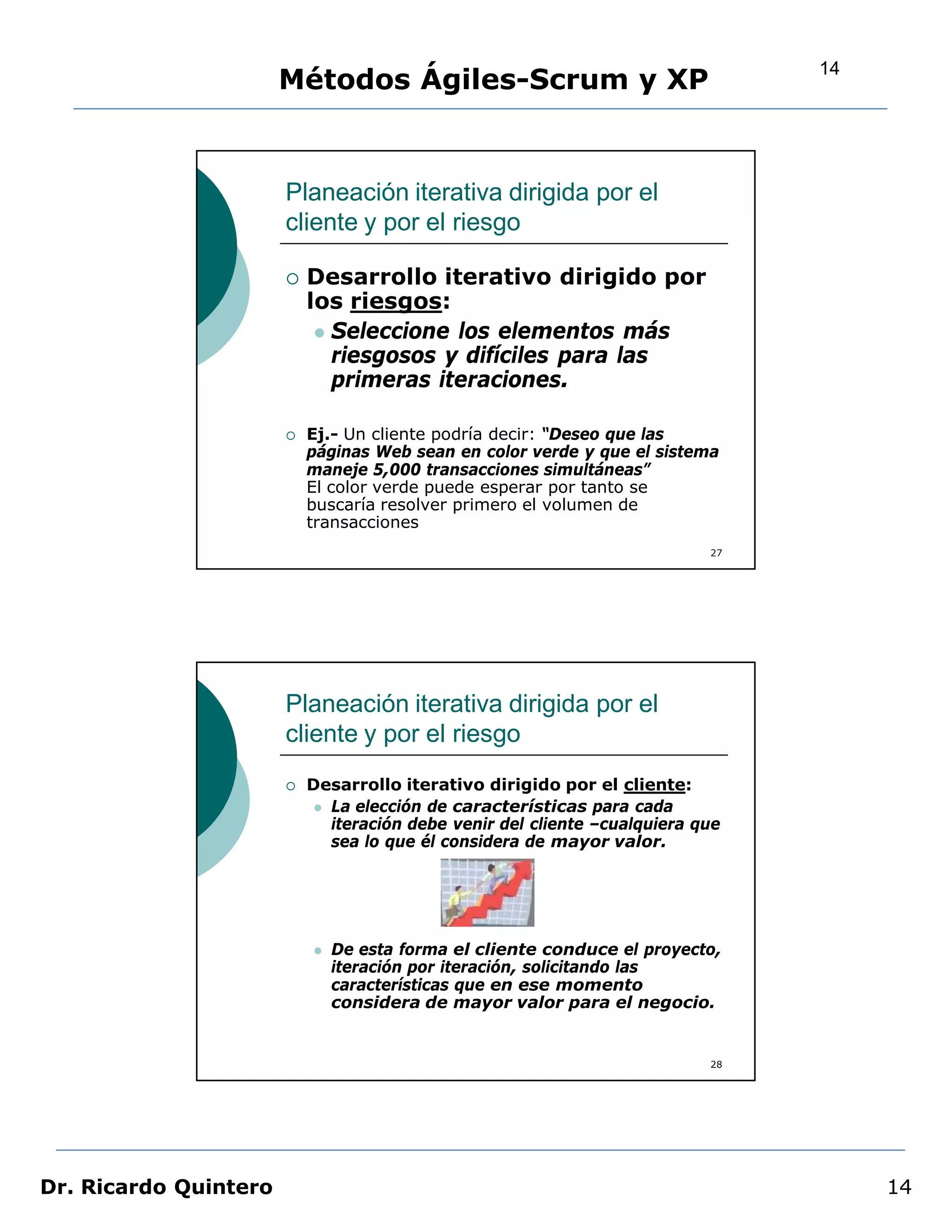 14
                       Métodos Ágiles-Scrum y XP


                       Planeación iterativa dirigida por el
                       cliente y por el riesgo

                          Desarrollo iterativo dirigido por
                           los riesgos:
                             Seleccione los elementos más
                              riesgosos y difíciles para las
                              primeras iteraciones.

                          Ej.- Un cliente podría decir: “Deseo que las
                           páginas Web sean en color verde y que el sistema
                           maneje 5,000 transacciones simultáneas”
                           El color verde puede esperar por tanto se
                           buscaría resolver primero el volumen de
                           transacciones
                                                                            27




                       Planeación iterativa dirigida por el
                       cliente y por el riesgo
                          Desarrollo iterativo dirigido por el cliente:
                             La elección de características para cada
                              iteración debe venir del cliente –cualquiera que
                              sea lo que él considera de mayor valor.




                              De esta forma el cliente conduce el proyecto,
                               iteración por iteración, solicitando las
                               características que en ese momento
                               considera de mayor valor para el negocio.


                                                                            28




Dr. Ricardo Quintero                                                                  14
 