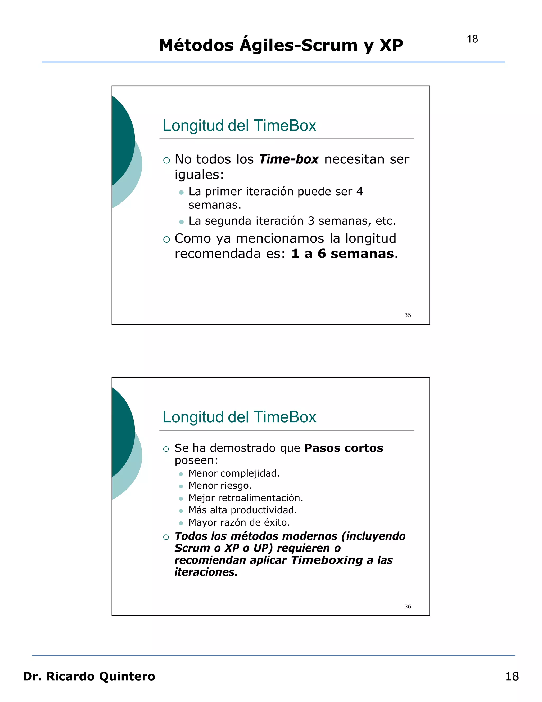 18
                       Métodos Ágiles-Scrum y XP




                       Longitud del TimeBox

                          No todos los Time-box necesitan ser
                           iguales:
                              La primer iteración puede ser 4
                               semanas.
                              La segunda iteración 3 semanas, etc.
                          Como ya mencionamos la longitud
                           recomendada es: 1 a 6 semanas.



                                                                      35




                       Longitud del TimeBox
                          Se ha demostrado que Pasos cortos
                           poseen:
                              Menor complejidad.
                              Menor riesgo.
                              Mejor retroalimentación.
                              Más alta productividad.
                              Mayor razón de éxito.
                          Todos los métodos modernos (incluyendo
                           Scrum o XP o UP) requieren o
                           recomiendan aplicar Timeboxing a las
                           iteraciones.

                                                                      36




Dr. Ricardo Quintero                                                            18
 