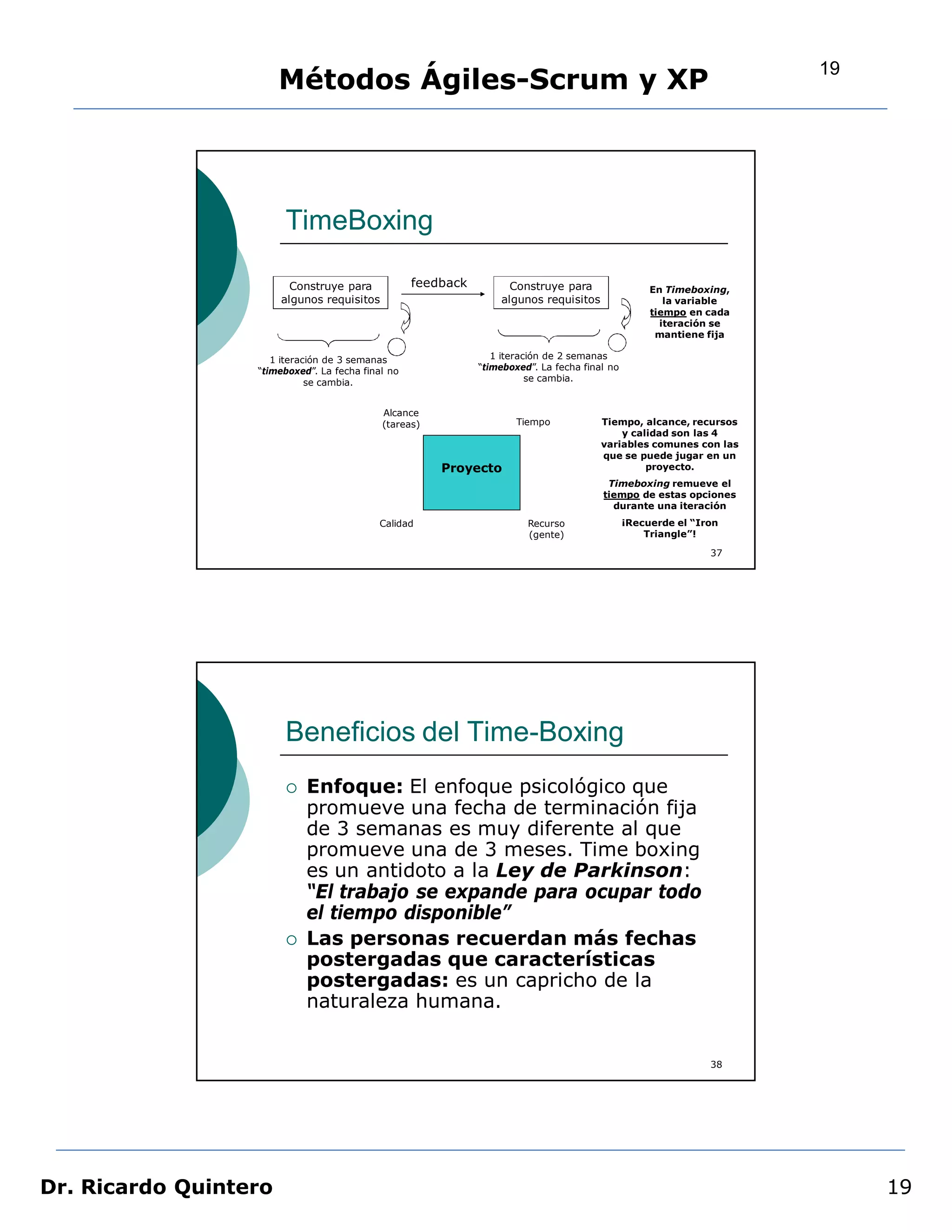 19
                       Métodos Ágiles-Scrum y XP




                       TimeBoxing

                         Construye para            feedback         Construye para                  En Timeboxing,
                       algunos requisitos                         algunos requisitos                   la variable
                                                                                                    tiempo en cada
                                                                                                      iteración se
                                                                                                     mantiene fija

                     1 iteración de 3 semanas                    1 iteración de 2 semanas
                  “timeboxed”. La fecha final no              “timeboxed”. La fecha final no
                             se cambia.                                  se cambia.


                                            Alcance
                                            (tareas)                  Tiempo            Tiempo, alcance, recursos
                                                                                            y calidad son las 4
                                                                                        variables comunes con las
                                                                                        que se puede jugar en un
                                                       Proyecto                                  proyecto.
                                                                                         Timeboxing remueve el
                                                                                        tiempo de estas opciones
                                                                                          durante una iteración
                                           Calidad                      Recurso                ¡Recuerde el “Iron
                                                                        (gente)                    Triangle”!

                                                                                                               37




                       Beneficios del Time-Boxing
                           Enfoque: El enfoque psicológico que
                            promueve una fecha de terminación fija
                            de 3 semanas es muy diferente al que
                            promueve una de 3 meses. Time boxing
                            es un antidoto a la Ley de Parkinson:
                            “El trabajo se expande para ocupar todo
                            el tiempo disponible”
                           Las personas recuerdan más fechas
                            postergadas que características
                            postergadas: es un capricho de la
                            naturaleza humana.


                                                                                                               38




Dr. Ricardo Quintero                                                                                                      19
 
