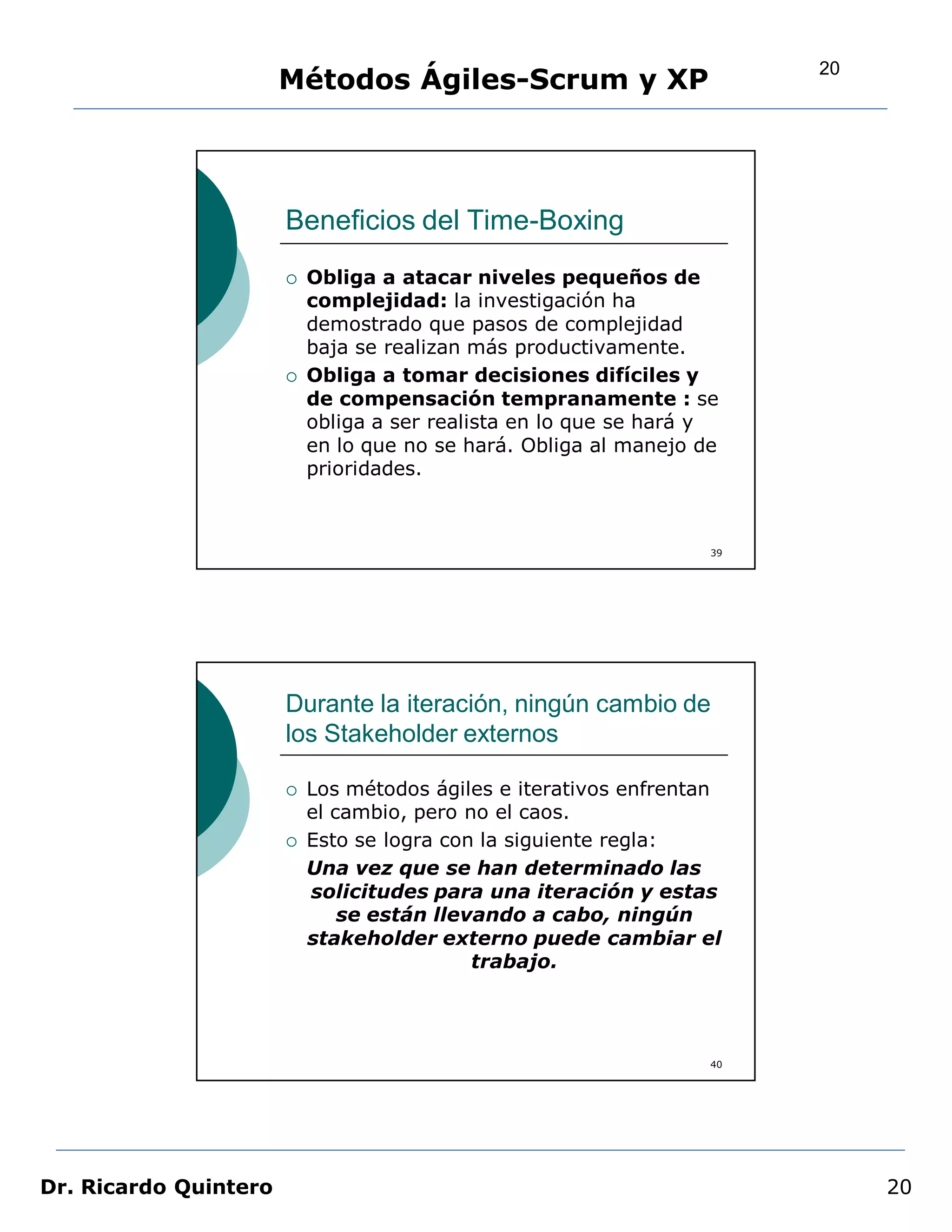 20
                       Métodos Ágiles-Scrum y XP




                       Beneficios del Time-Boxing
                          Obliga a atacar niveles pequeños de
                           complejidad: la investigación ha
                           demostrado que pasos de complejidad
                           baja se realizan más productivamente.
                          Obliga a tomar decisiones difíciles y
                           de compensación tempranamente : se
                           obliga a ser realista en lo que se hará y
                           en lo que no se hará. Obliga al manejo de
                           prioridades.



                                                                   39




                       Durante la iteración, ningún cambio de
                       los Stakeholder externos

                          Los métodos ágiles e iterativos enfrentan
                           el cambio, pero no el caos.
                          Esto se logra con la siguiente regla:
                           Una vez que se han determinado las
                           solicitudes para una iteración y estas
                               se están llevando a cabo, ningún
                           stakeholder externo puede cambiar el
                                            trabajo.




                                                                   40




Dr. Ricardo Quintero                                                         20
 