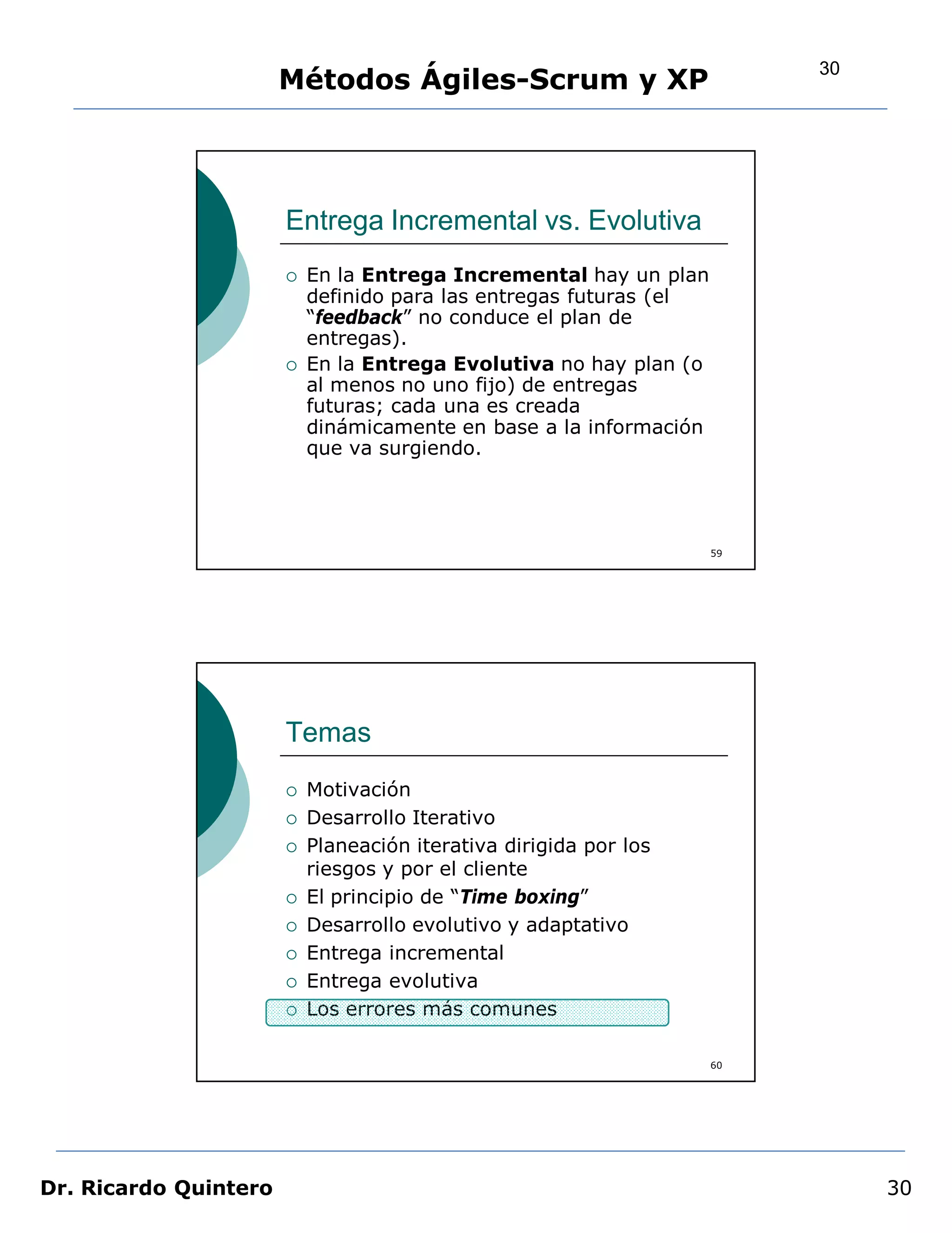 30
                       Métodos Ágiles-Scrum y XP




                       Entrega Incremental vs. Evolutiva
                          En la Entrega Incremental hay un plan
                           definido para las entregas futuras (el
                           “feedback” no conduce el plan de
                           entregas).
                          En la Entrega Evolutiva no hay plan (o
                           al menos no uno fijo) de entregas
                           futuras; cada una es creada
                           dinámicamente en base a la información
                           que va surgiendo.




                                                                    59




                       Temas
                          Motivación
                          Desarrollo Iterativo
                          Planeación iterativa dirigida por los
                           riesgos y por el cliente
                          El principio de “Time boxing”
                          Desarrollo evolutivo y adaptativo
                          Entrega incremental
                          Entrega evolutiva
                          Los errores más comunes

                                                                    60




Dr. Ricardo Quintero                                                          30
 