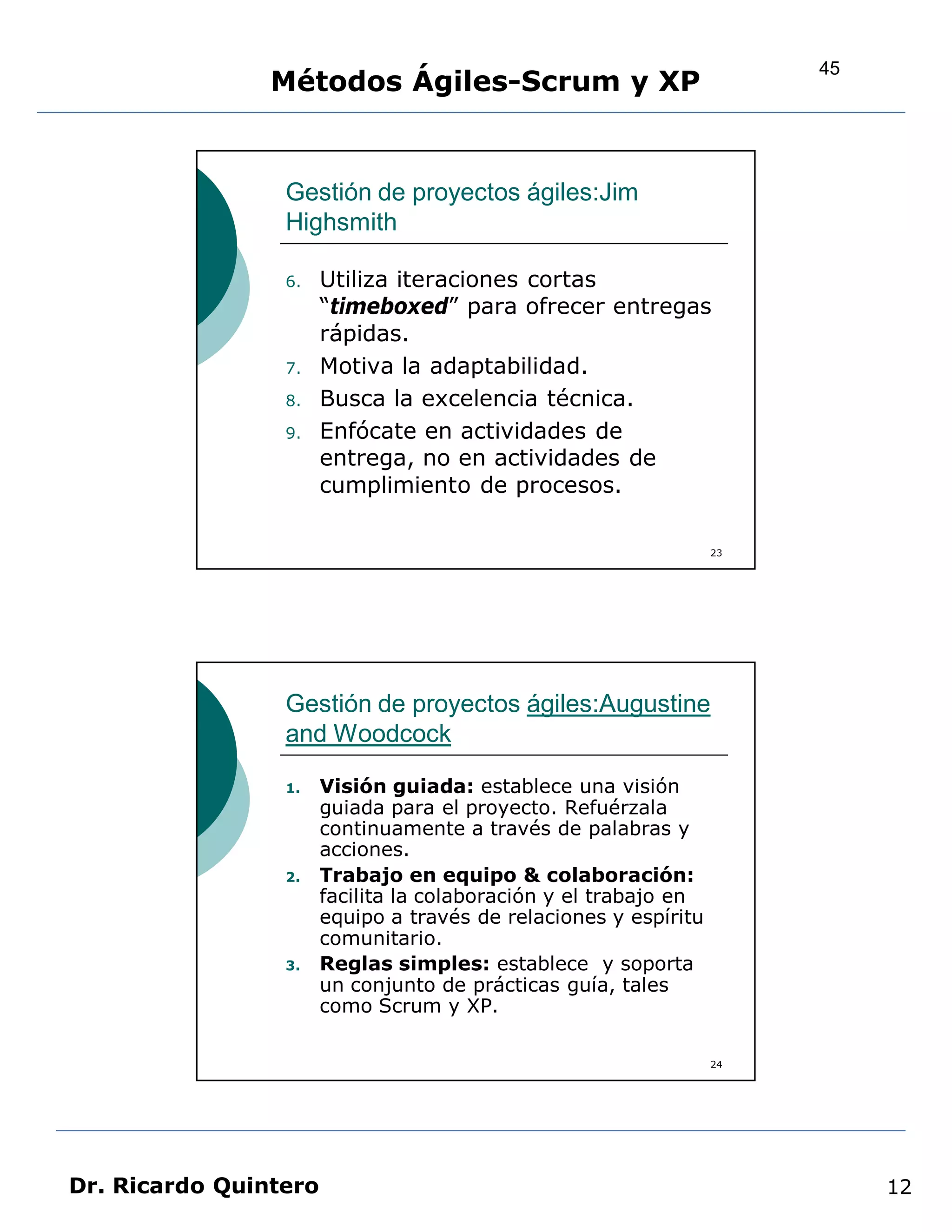 45
                Métodos Ágiles-Scrum y XP


                 Gestión de proyectos ágiles:Jim
                 Highsmith

                 6.    Utiliza iteraciones cortas
                       “timeboxed” para ofrecer entregas
                       rápidas.
                 7.    Motiva la adaptabilidad.
                 8.    Busca la excelencia técnica.
                 9.    Enfócate en actividades de
                       entrega, no en actividades de
                       cumplimiento de procesos.

                                                                  23




                 Gestión de proyectos ágiles:Augustine
                 and Woodcock

                 1.    Visión guiada: establece una visión
                       guiada para el proyecto. Refuérzala
                       continuamente a través de palabras y
                       acciones.
                 2.    Trabajo en equipo & colaboración:
                       facilita la colaboración y el trabajo en
                       equipo a través de relaciones y espíritu
                       comunitario.
                 3.    Reglas simples: establece y soporta
                       un conjunto de prácticas guía, tales
                       como Scrum y XP.

                                                                  24




Dr. Ricardo Quintero                                                        12
 